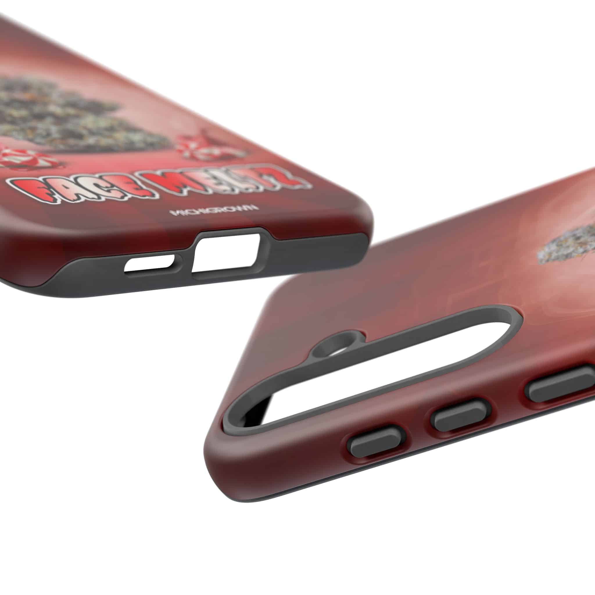 Red phone case with rugged design and cutouts for buttons and camera.