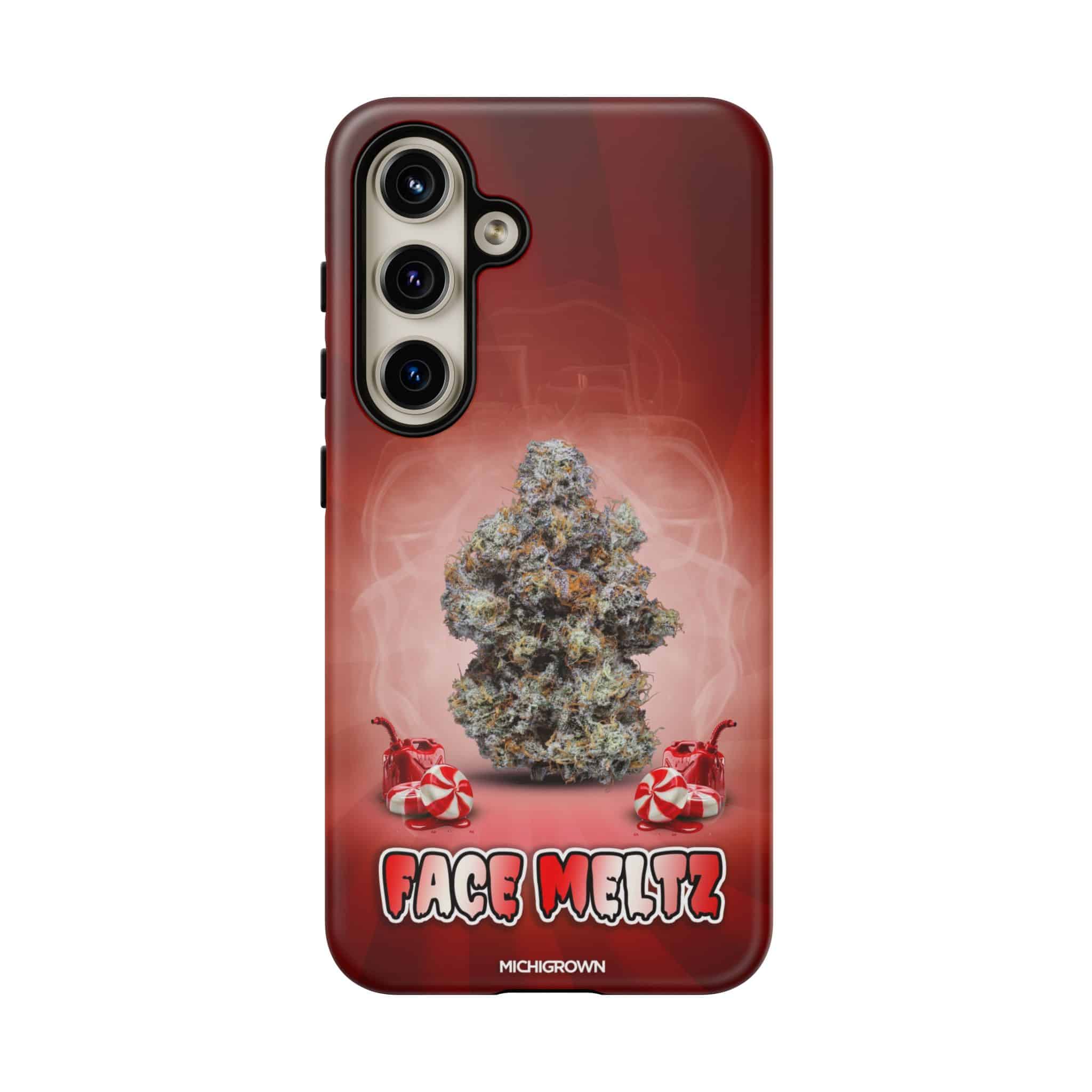 Phone case with cannabis bud and face meltz logo for FACE MELTZ Tough Cases.