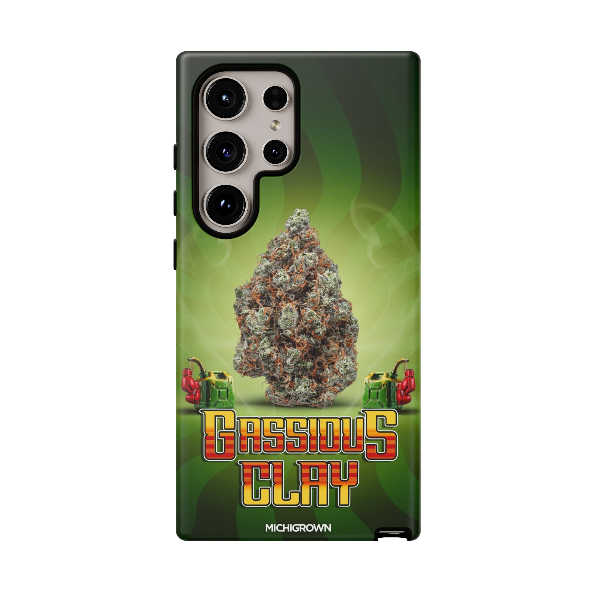 Phone case with cannabis bud and Gassious Clay logo.
