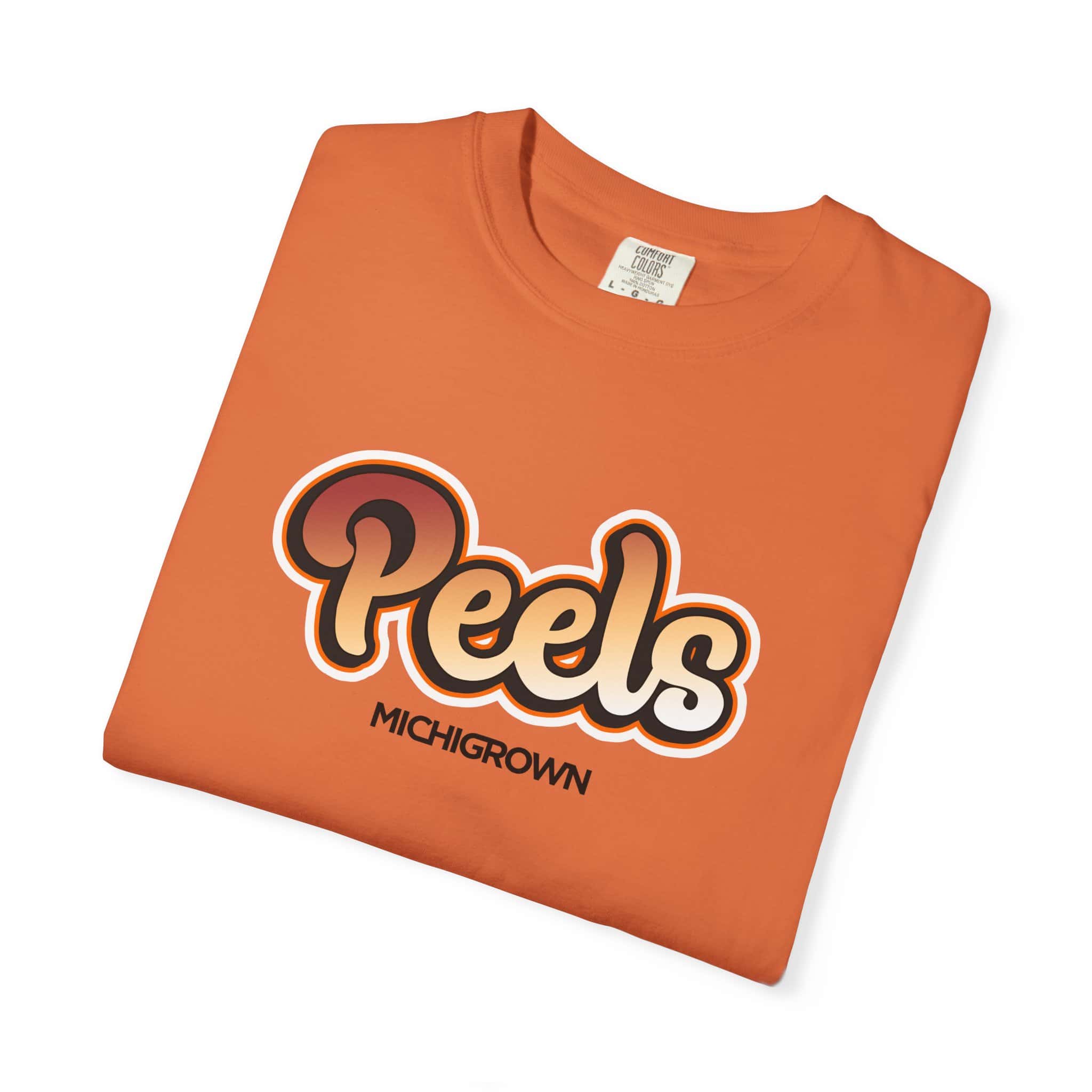 Orange T-shirt with Peels and Michigan logo design.
