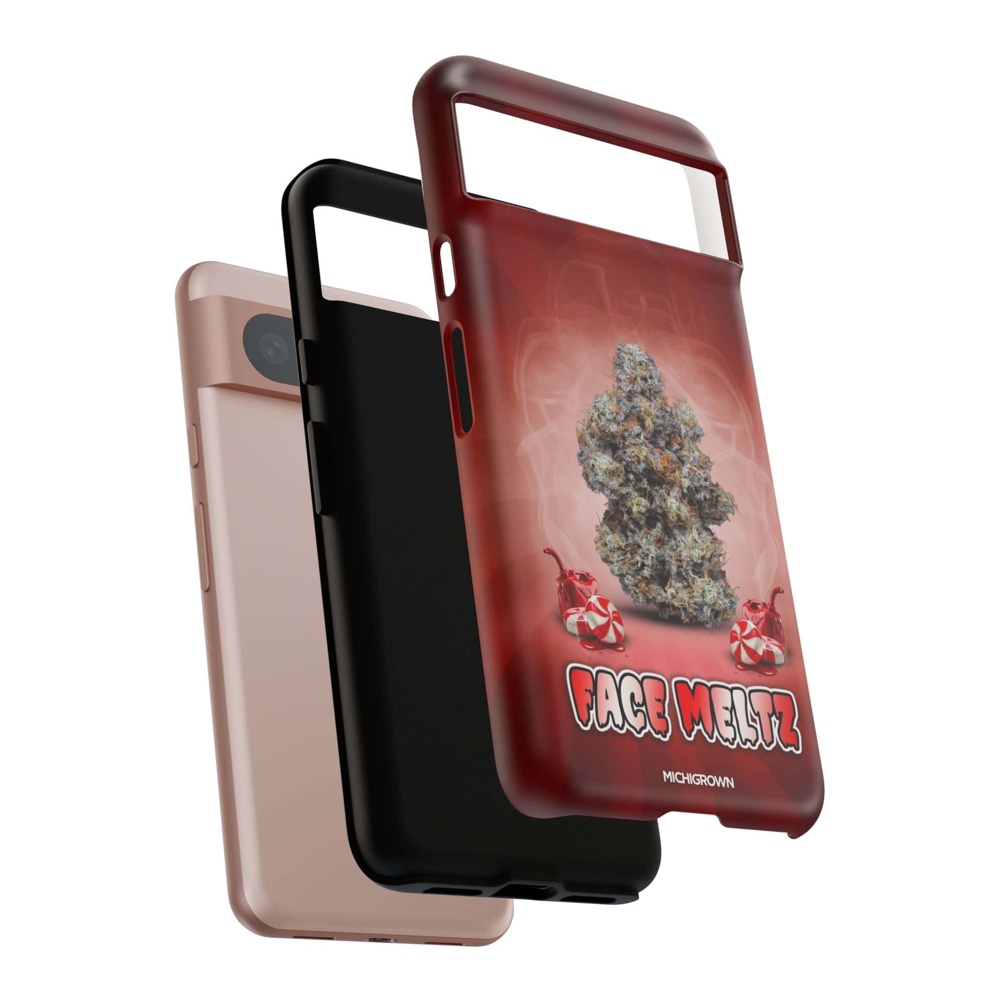 Three smartphone cases with Face Meltz branding and cannabis leaf design.