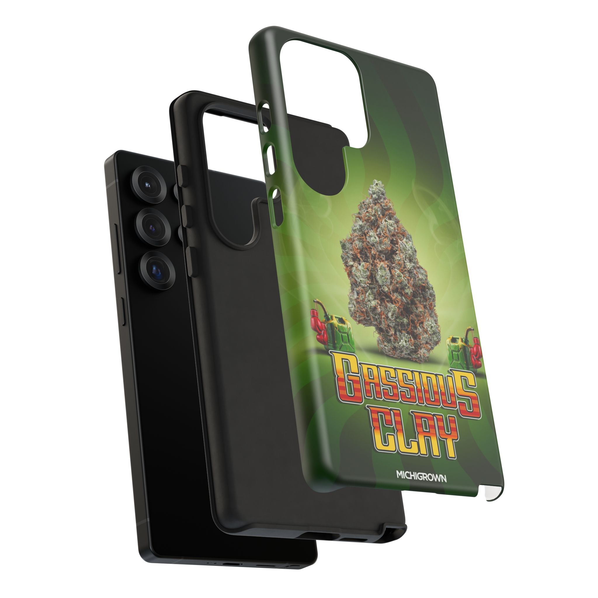 Green Gassious Clay phone case with cannabis bud design for iPhone.