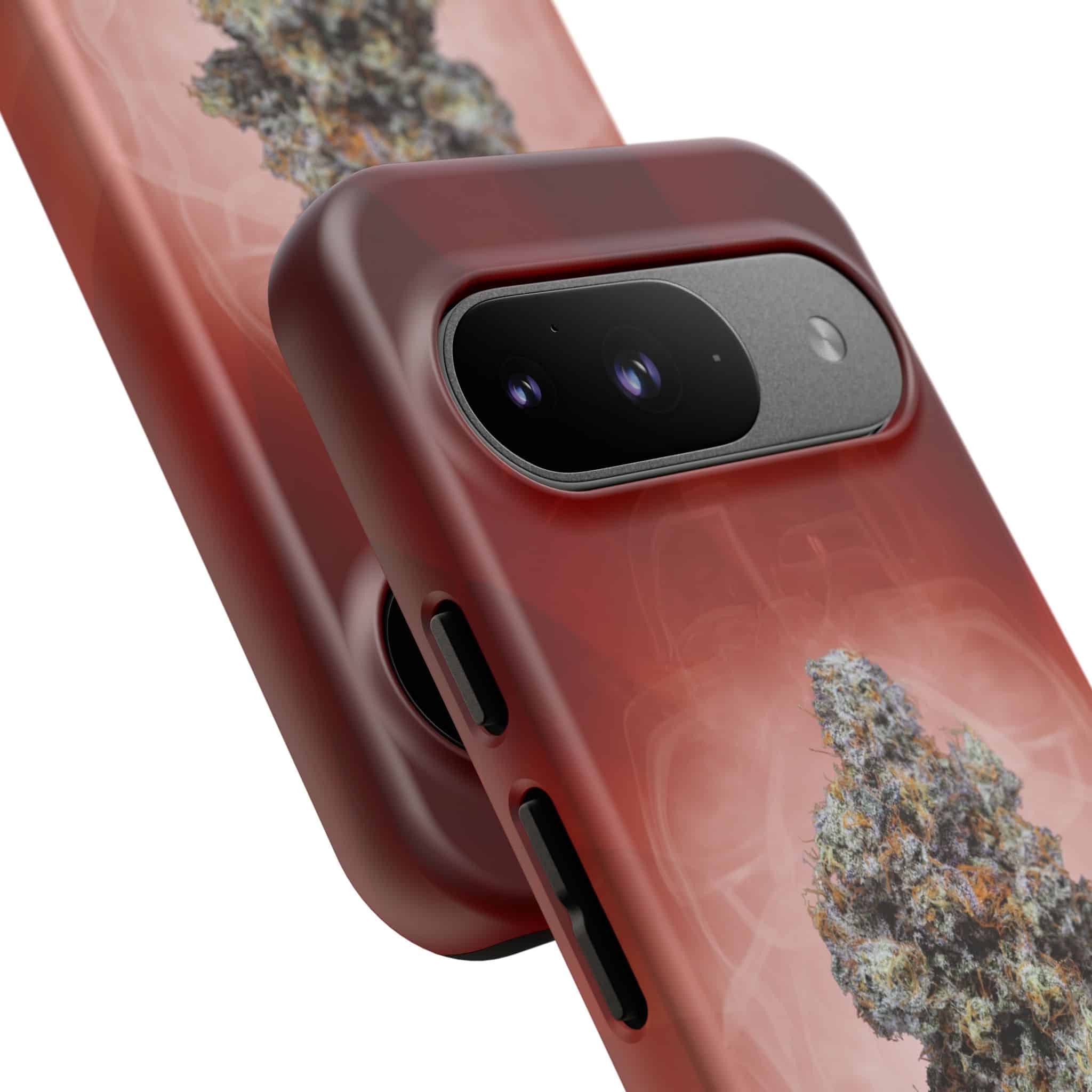 Red cannabis-themed phone case with camera cutout for iPhone.
