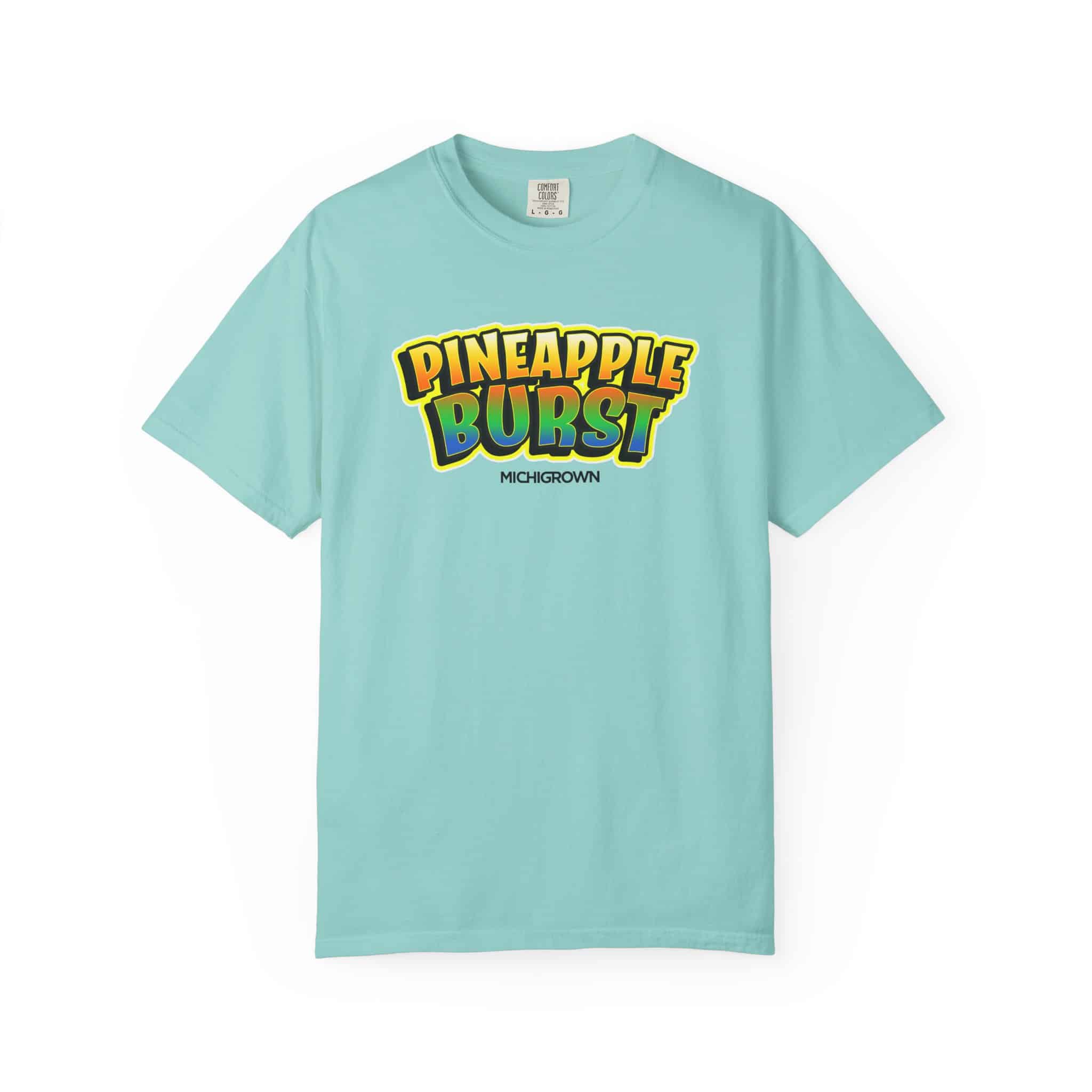 Light blue Pineapple Burst T-shirt with colorful logo design.
