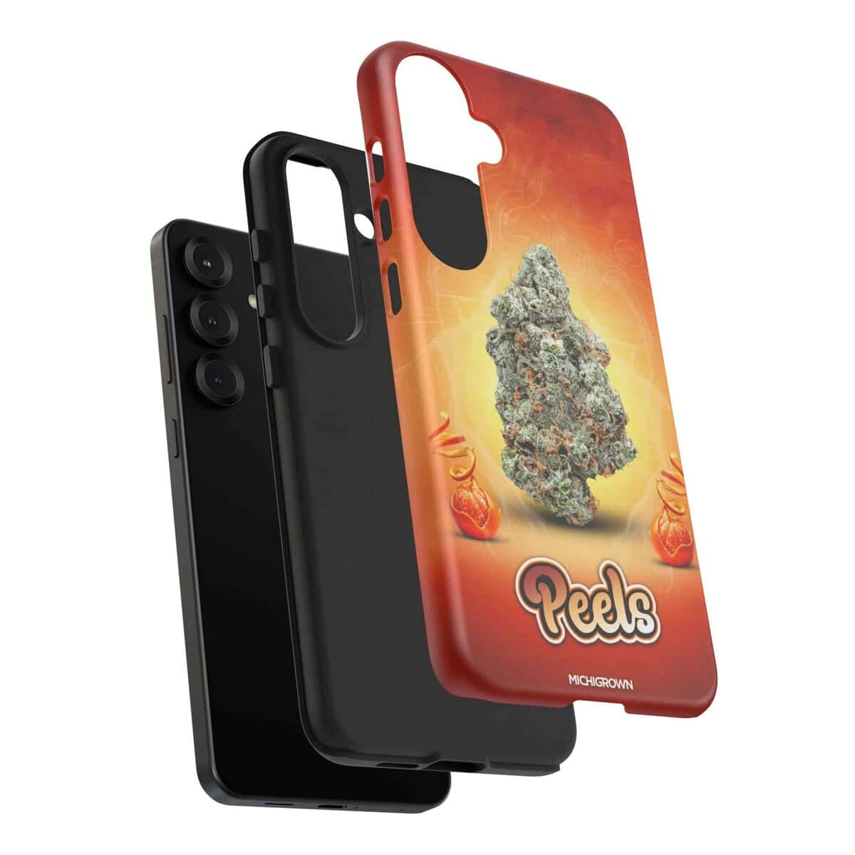 Phone case with Peels logo and cannabis bud design for iPhone.