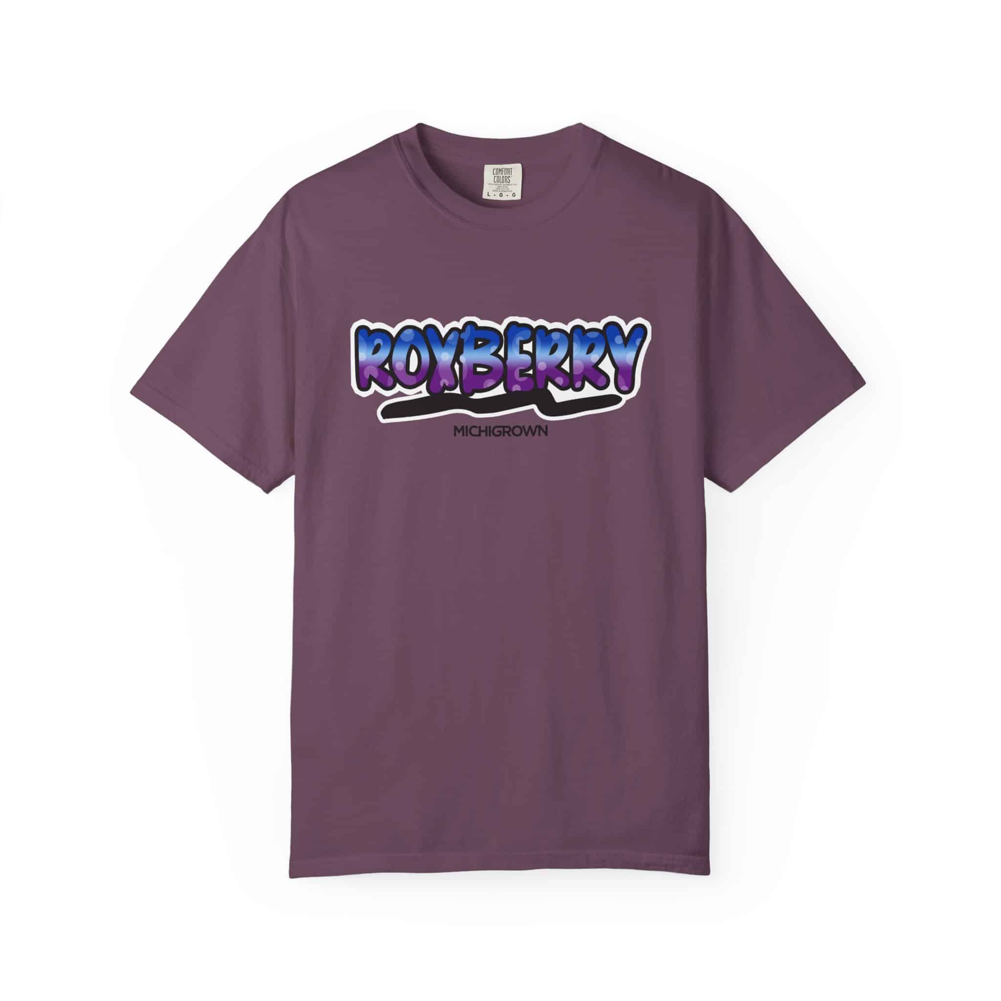 Purple Roxberry T-shirt with colorful logo design.