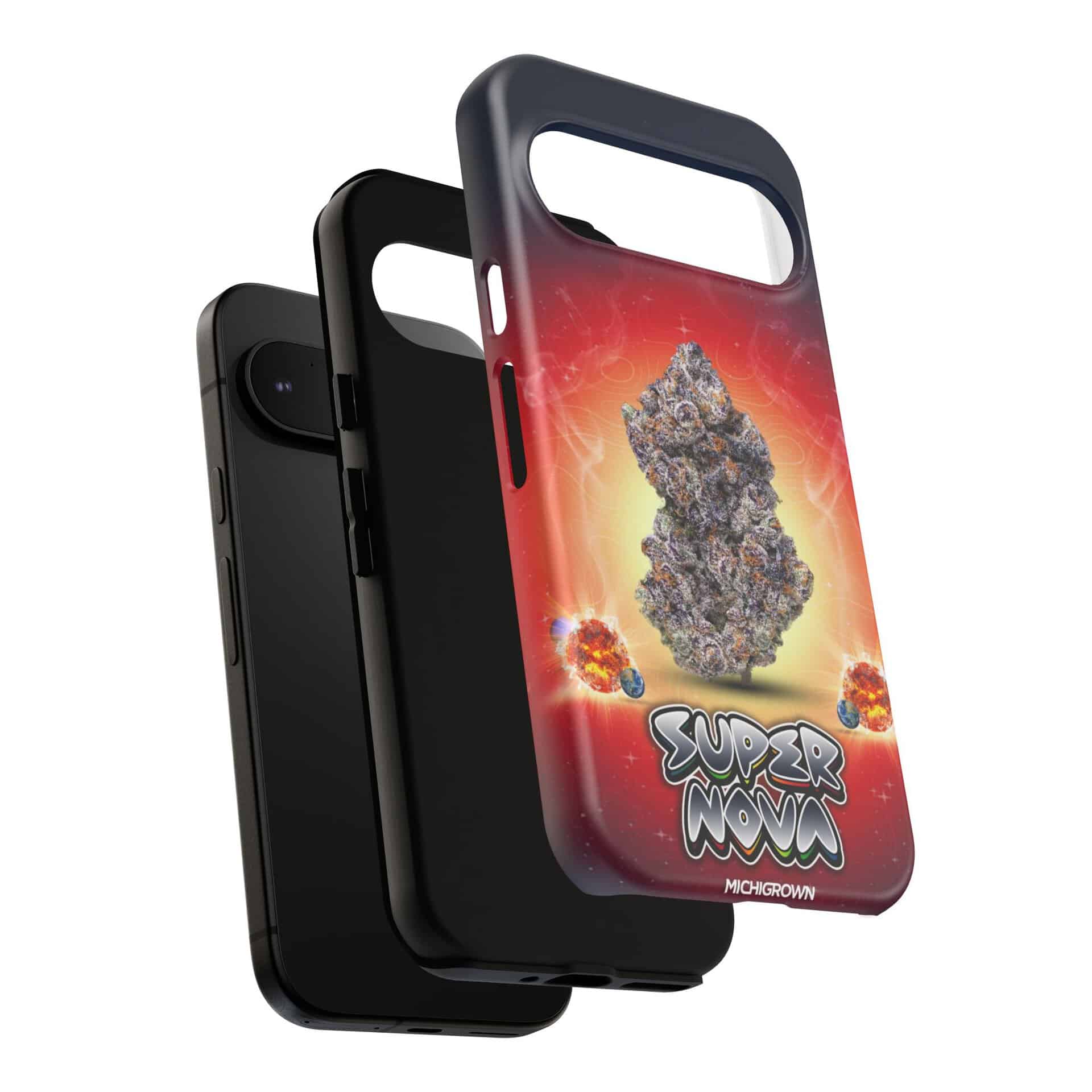 Phone case with Super Nova design featuring a large asteroid and cosmic background.