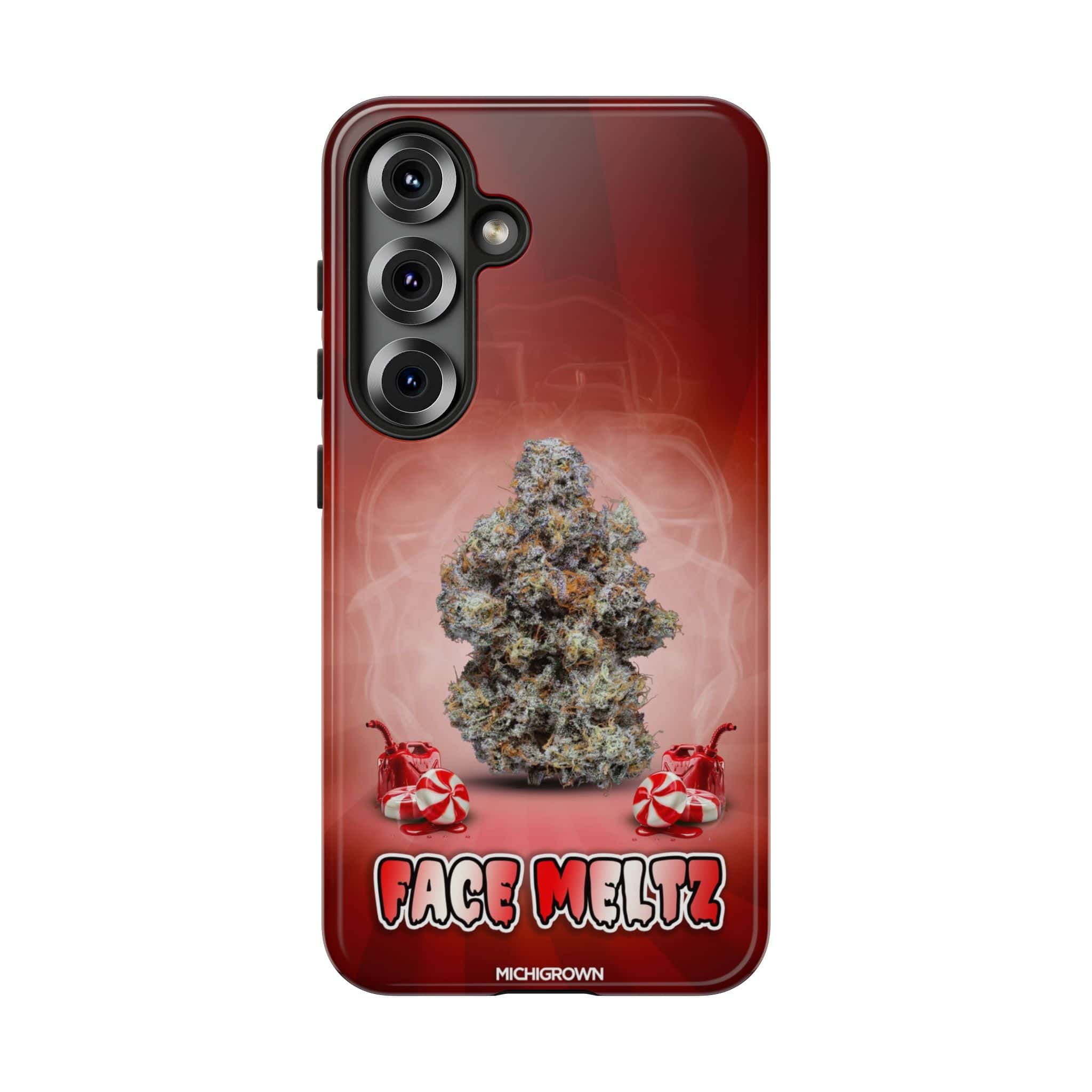 Red phone case with cannabis bud and Face Meltz logo.