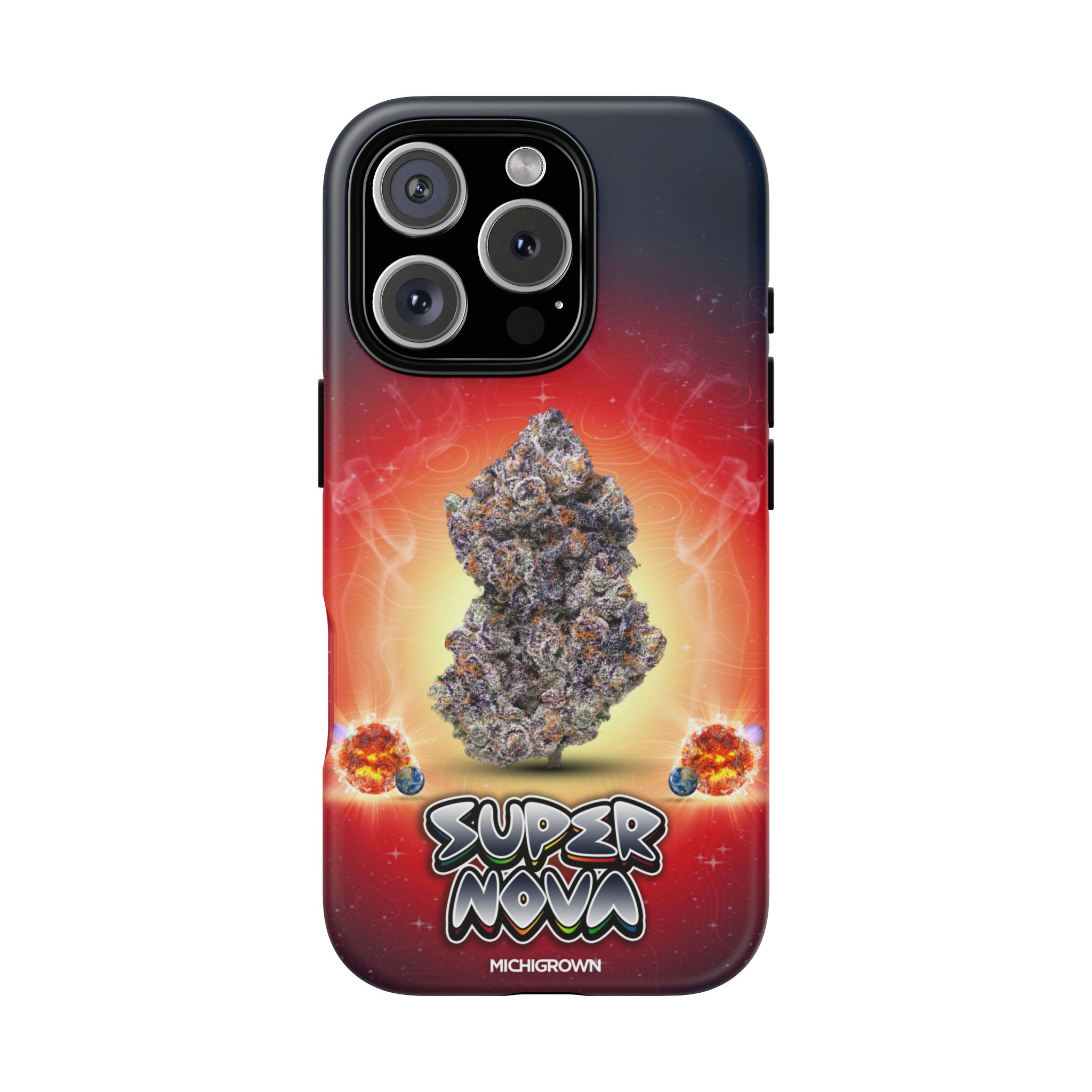 Phone case featuring a cannabis bud and Super Nova logo on a red background.