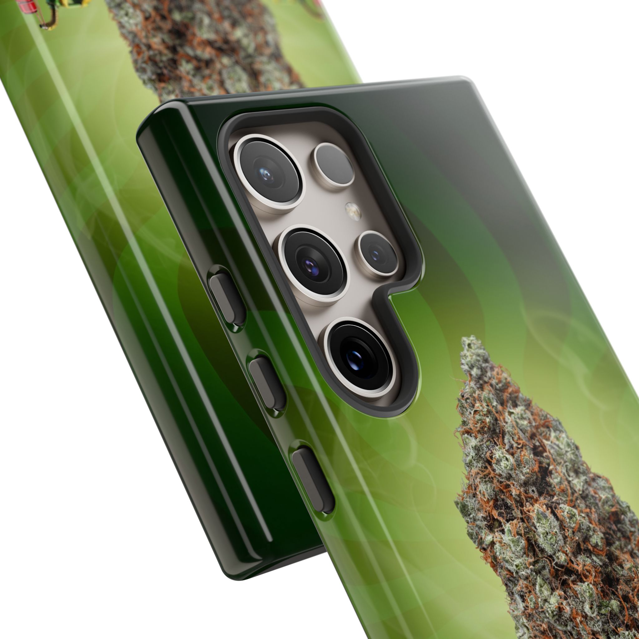 Green cannabis leaf design phone case for iPhone with camera cutout.