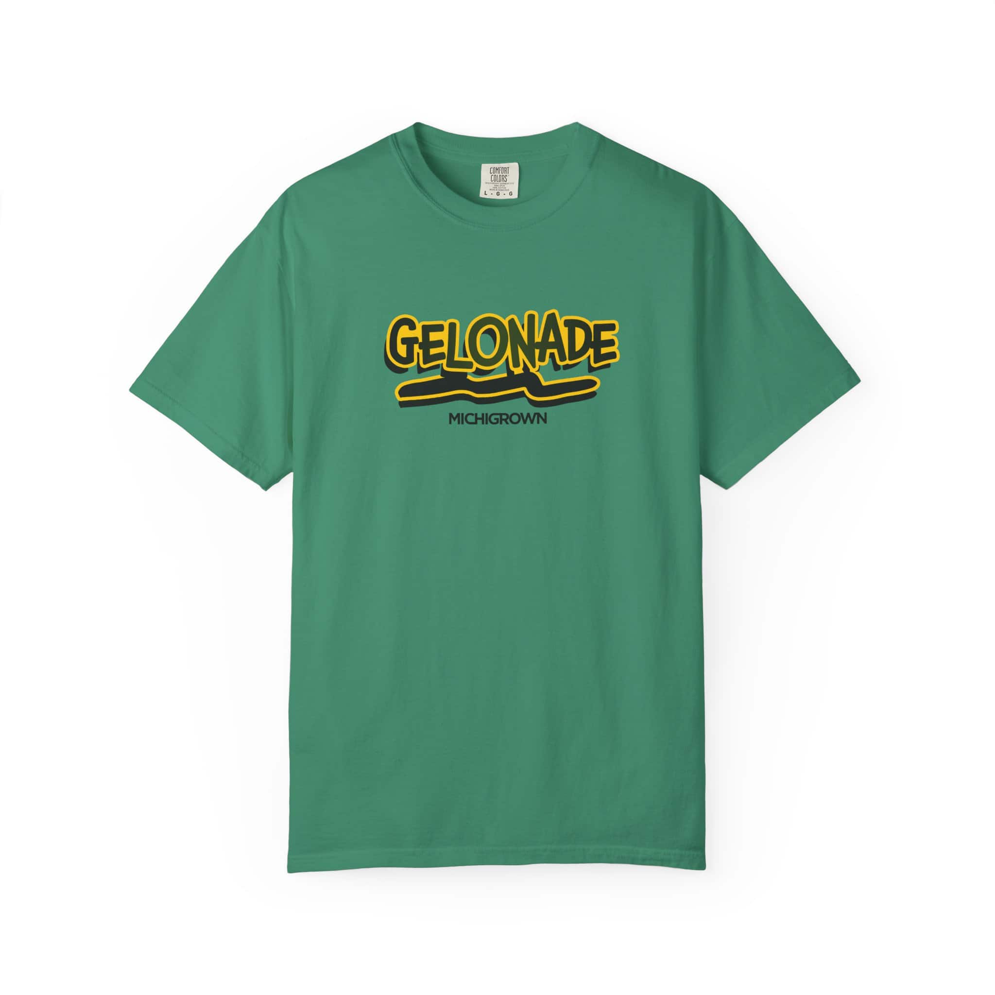 Green T-shirt with Gelonade and Michigan Grown text logo.