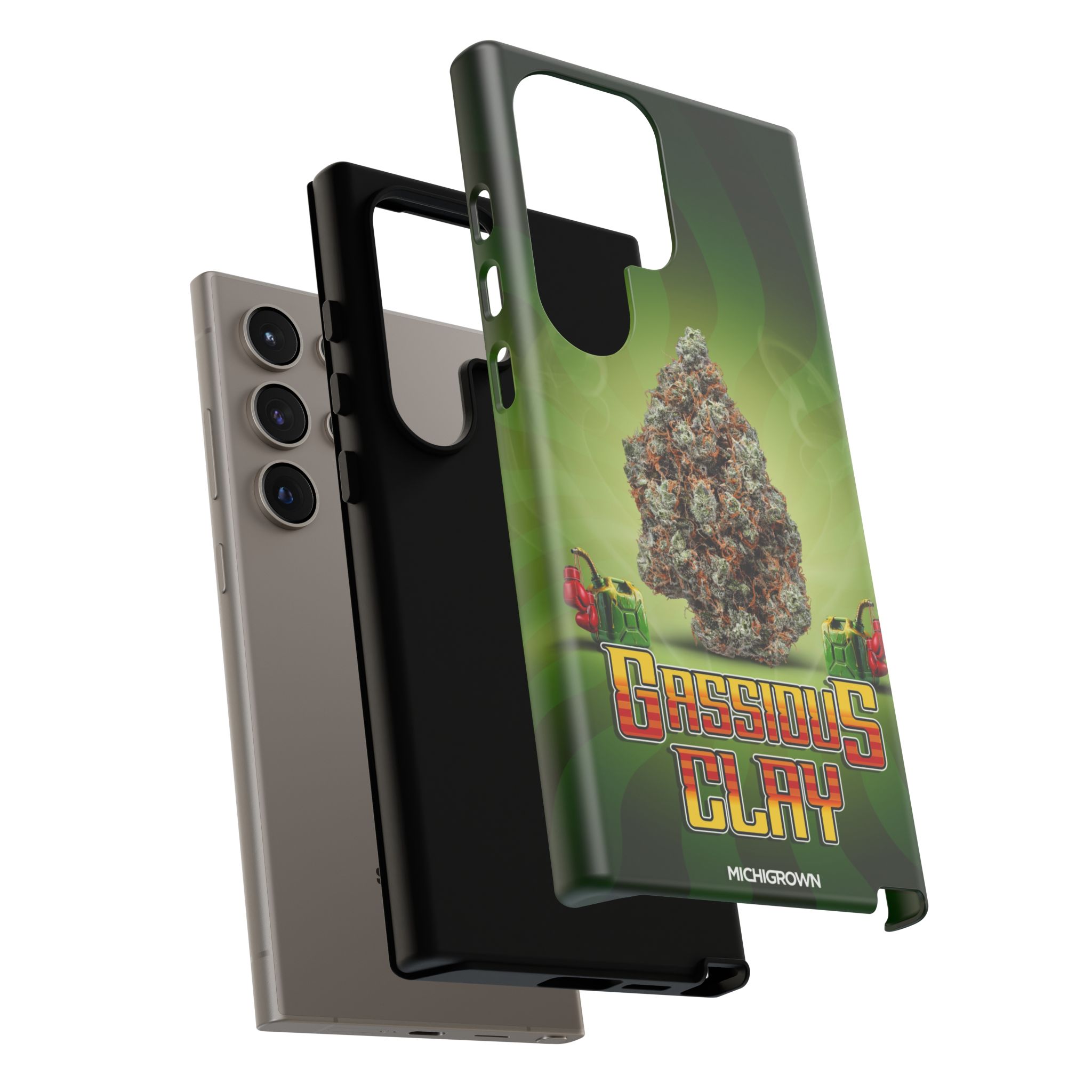 Gassious Clay themed phone case with cannabis strain image for Samsung Galaxy.