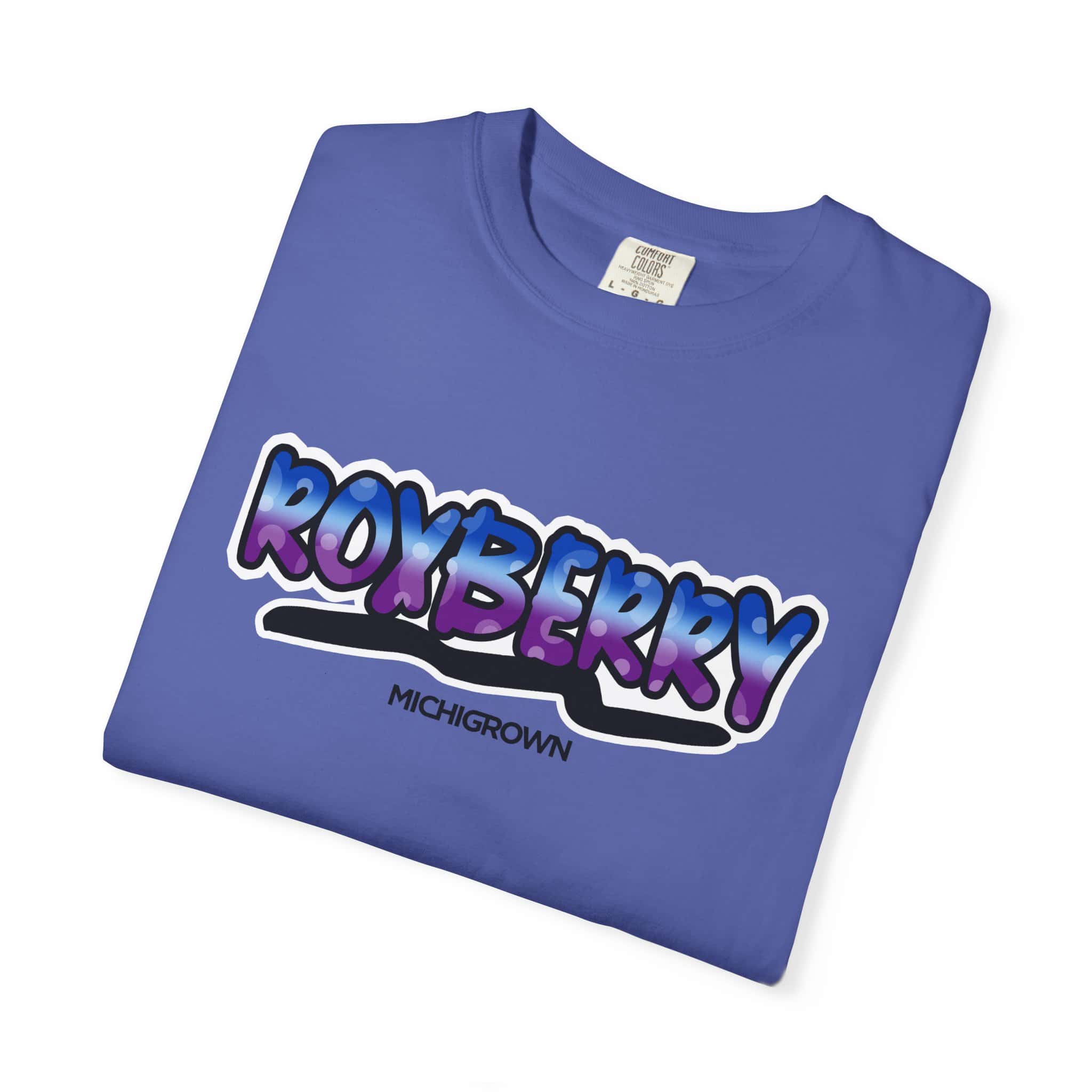 Blue Roxberry T-shirt with bold graphic text from Michigrown.