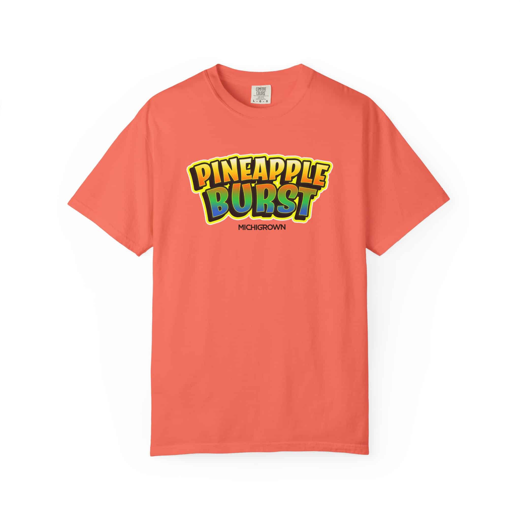 Coral-colored T-shirt with Pineapple Burst graphic design.