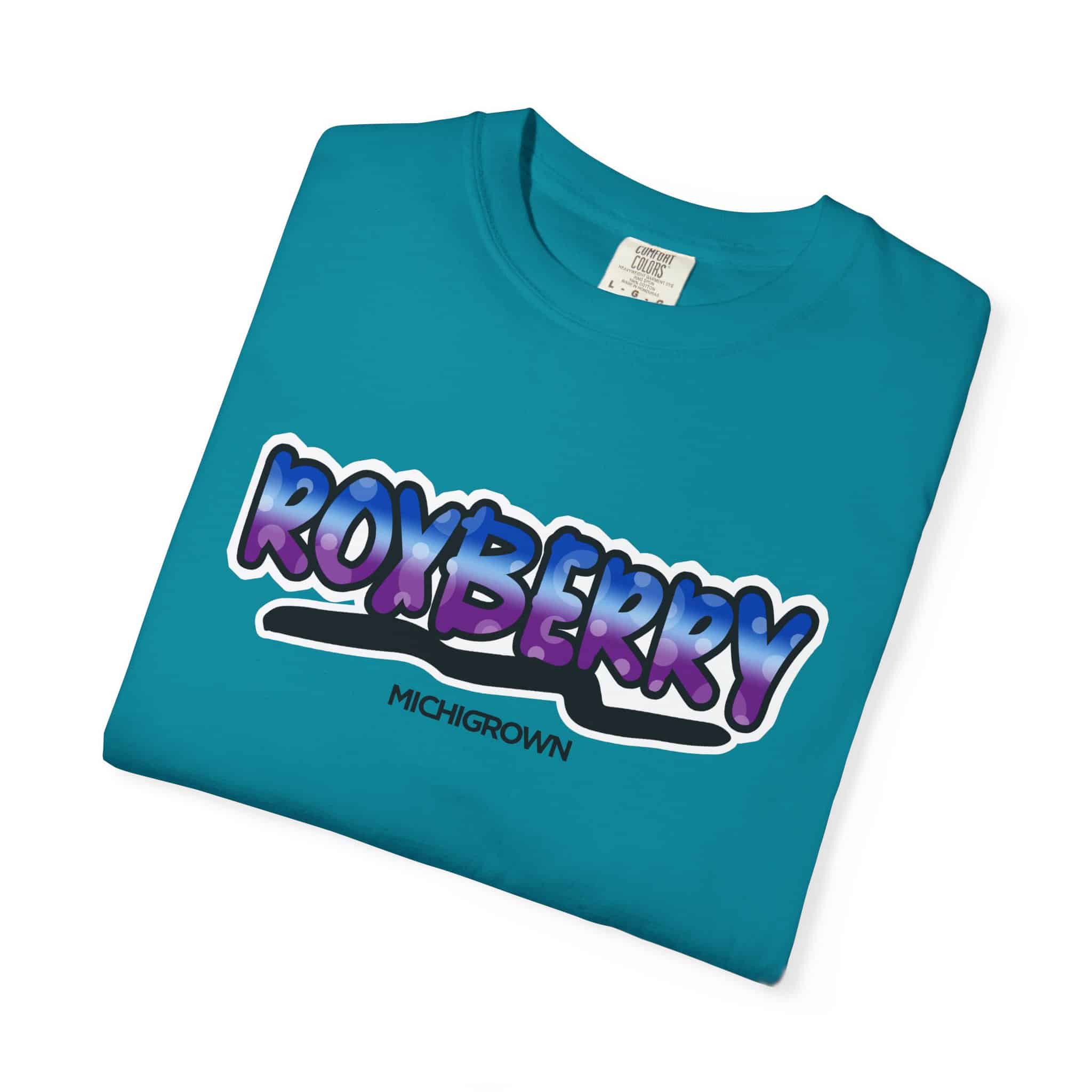 Blue Roxberry T-shirt with bold purple and blue text logo from Michigrown.