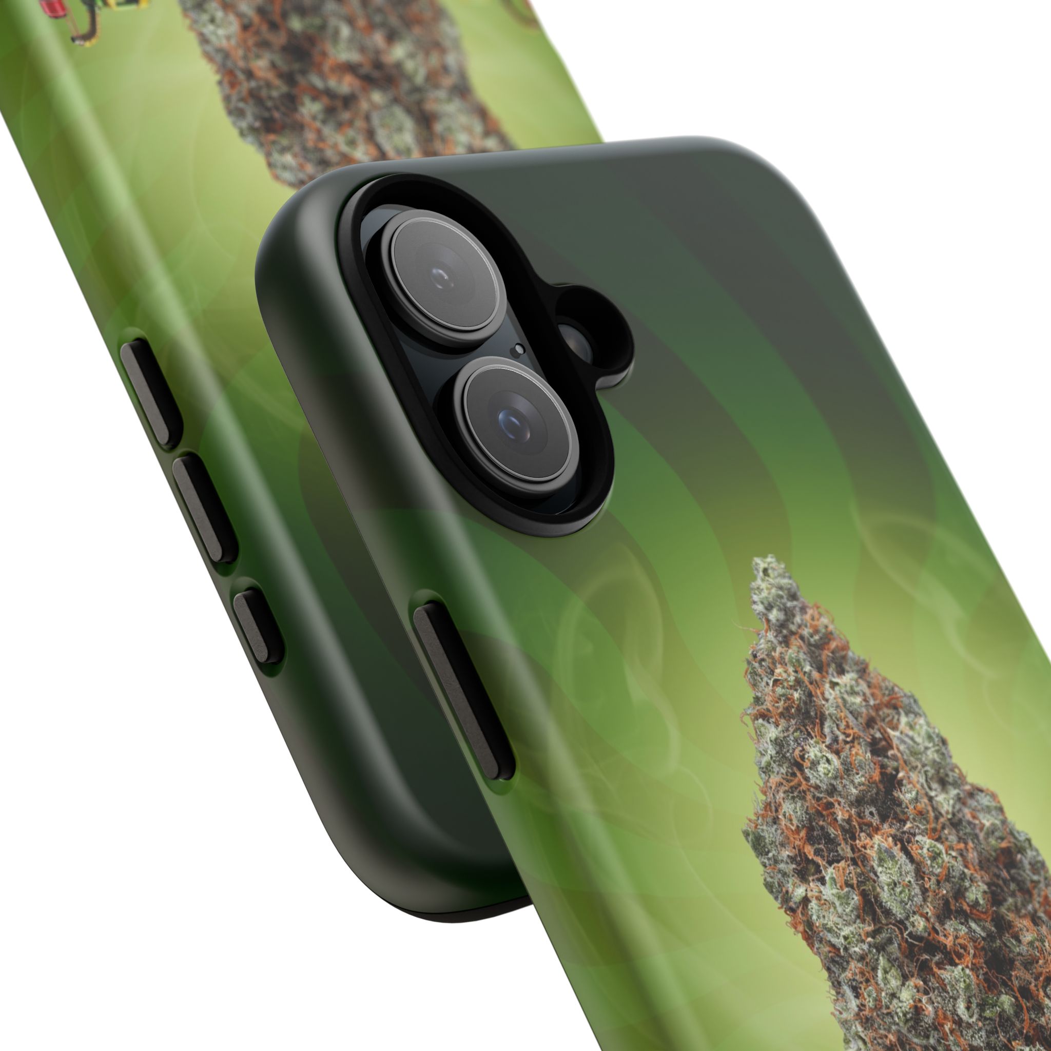 Green cannabis-themed phone case with detailed leaf design.
