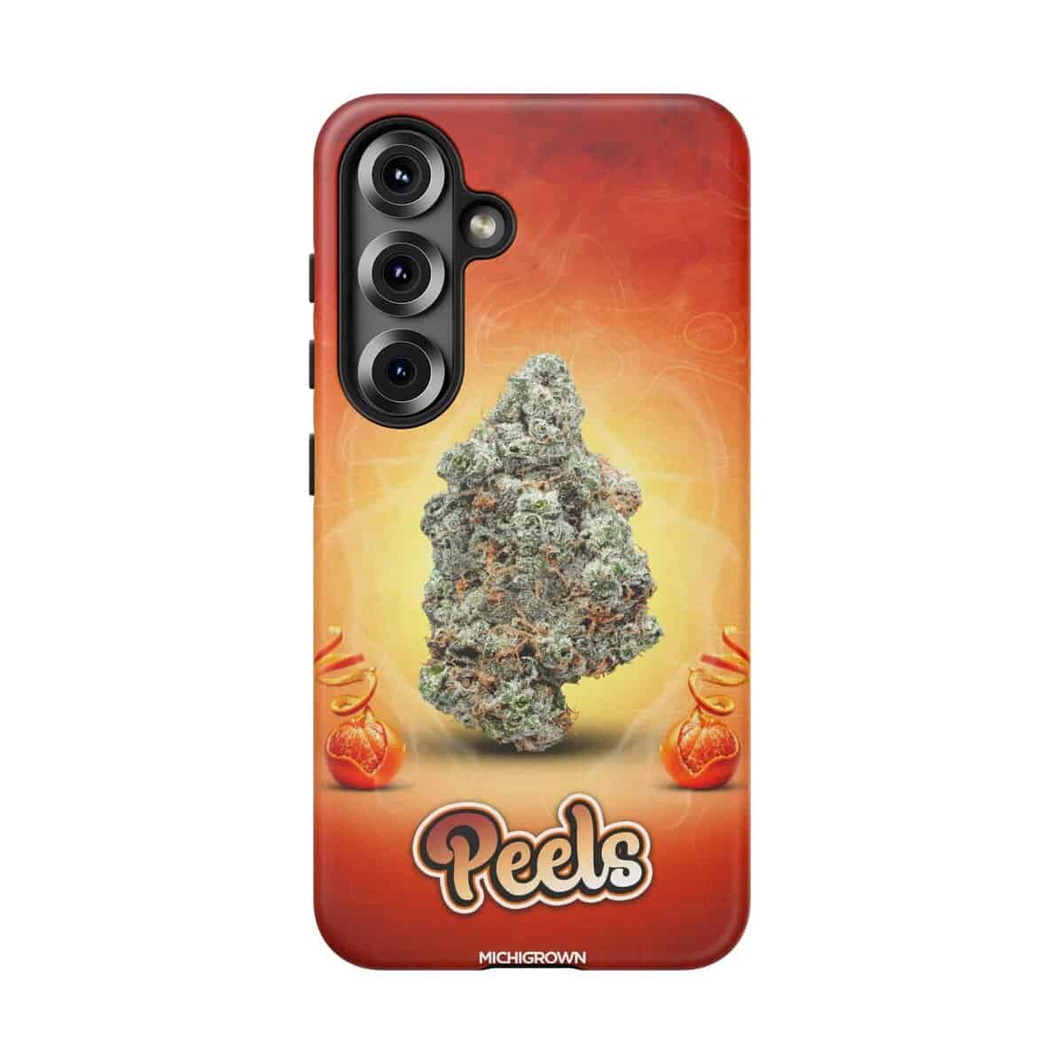 Phone case featuring cannabis bud and PEELS logo for PEELS PHONE CASE.