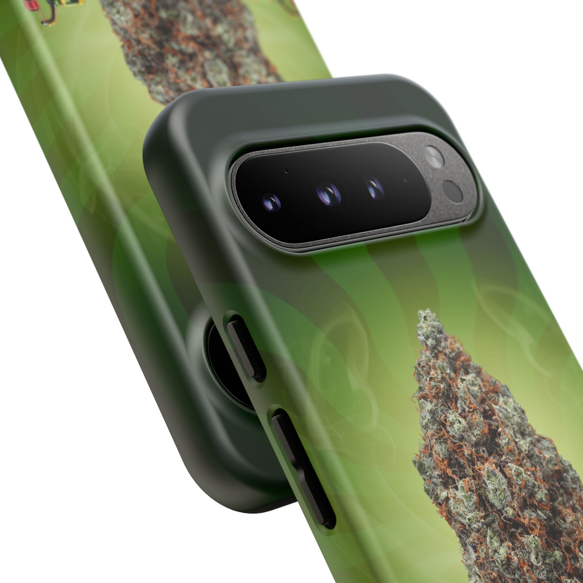 Close-up of GASSIOUS CLAY phone case with cannabis leaf design.
