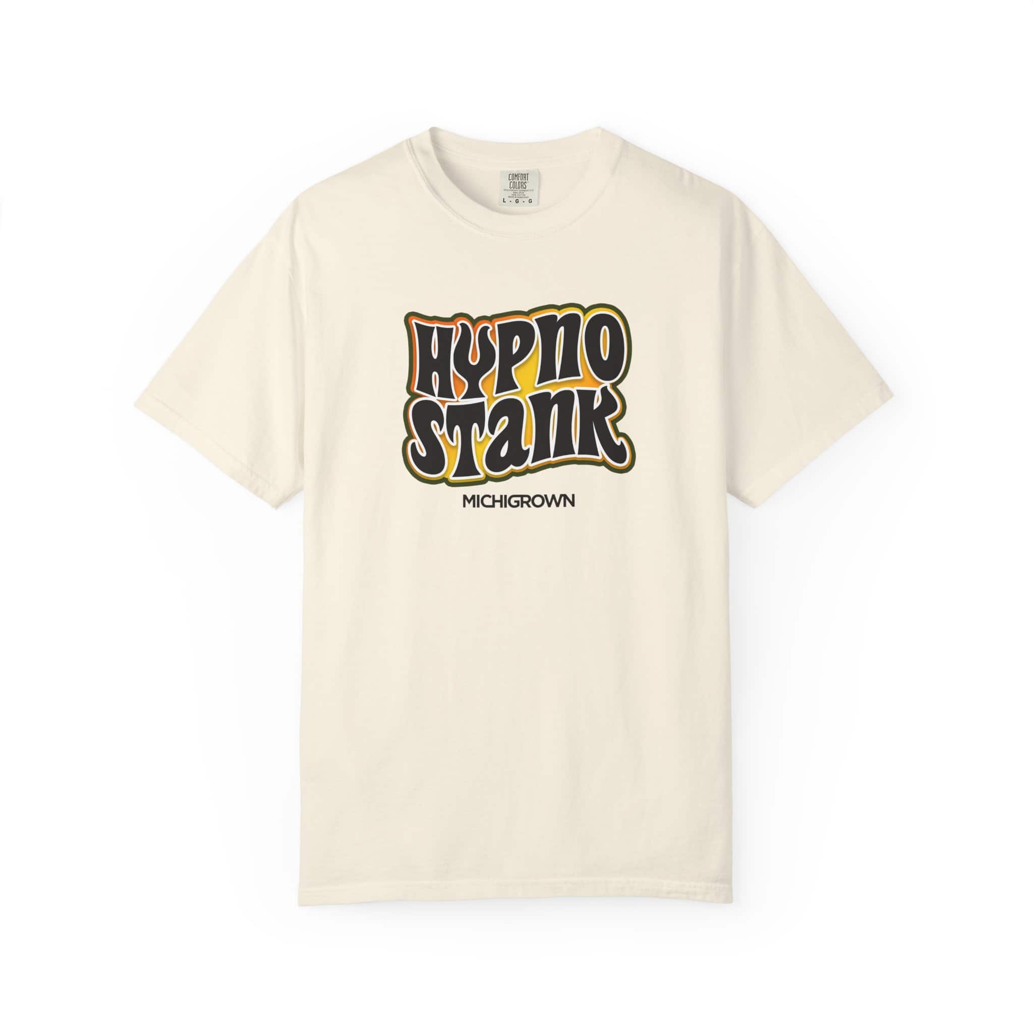 Cream-colored T-shirt with Hypno Stank graphic and Michigan Grown text.