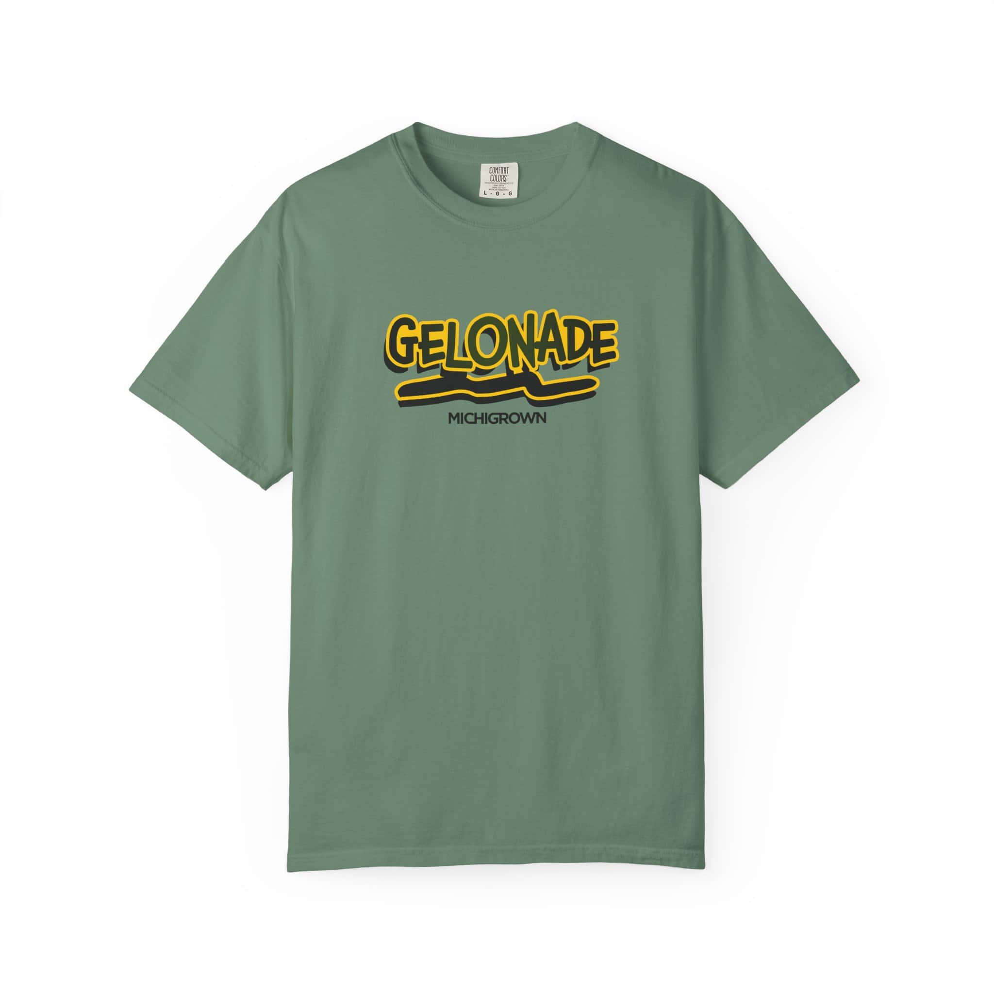 Green T-shirt with Gelonade logo and Michigrown branding.