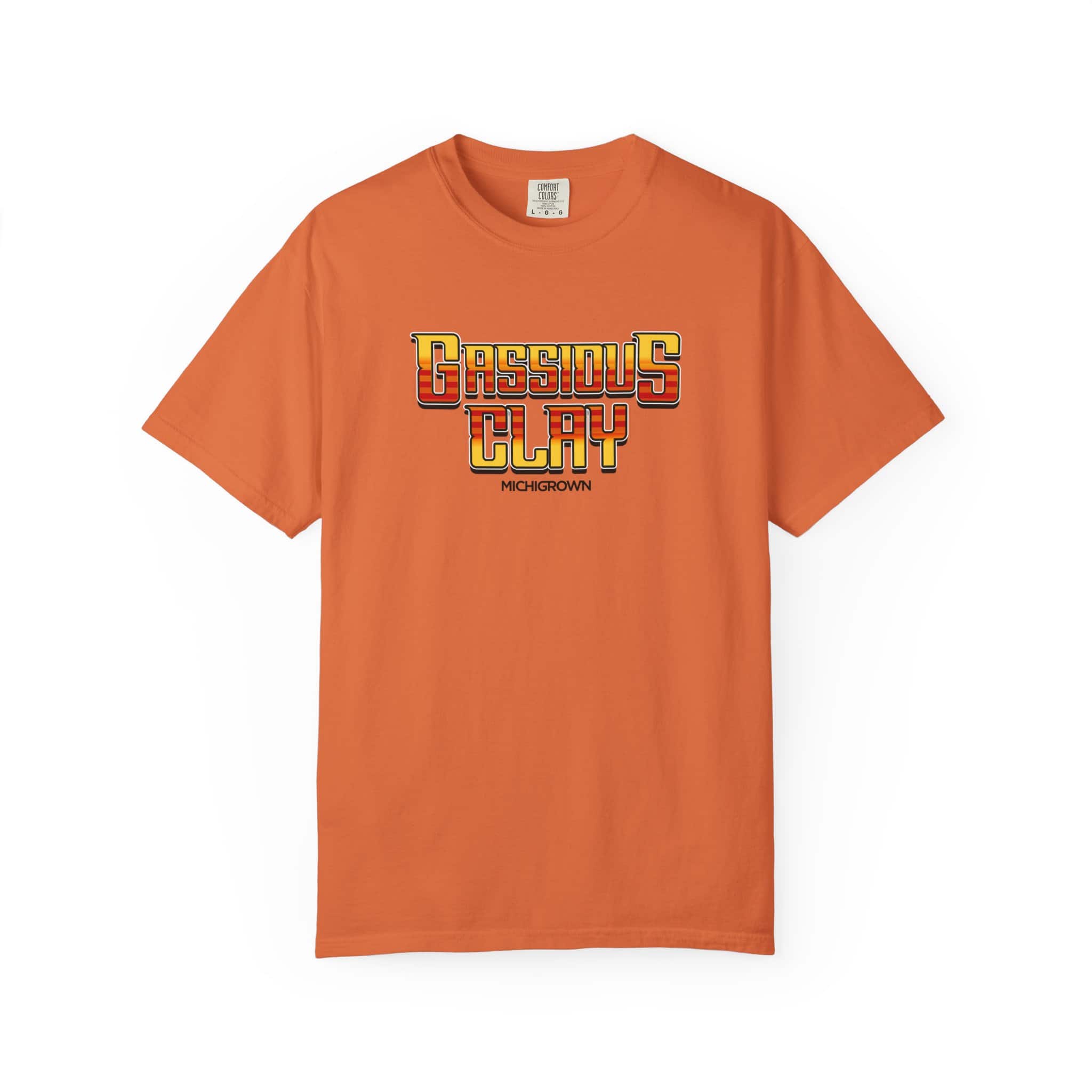 Orange Gassious Clay T-shirt with bold logo design.