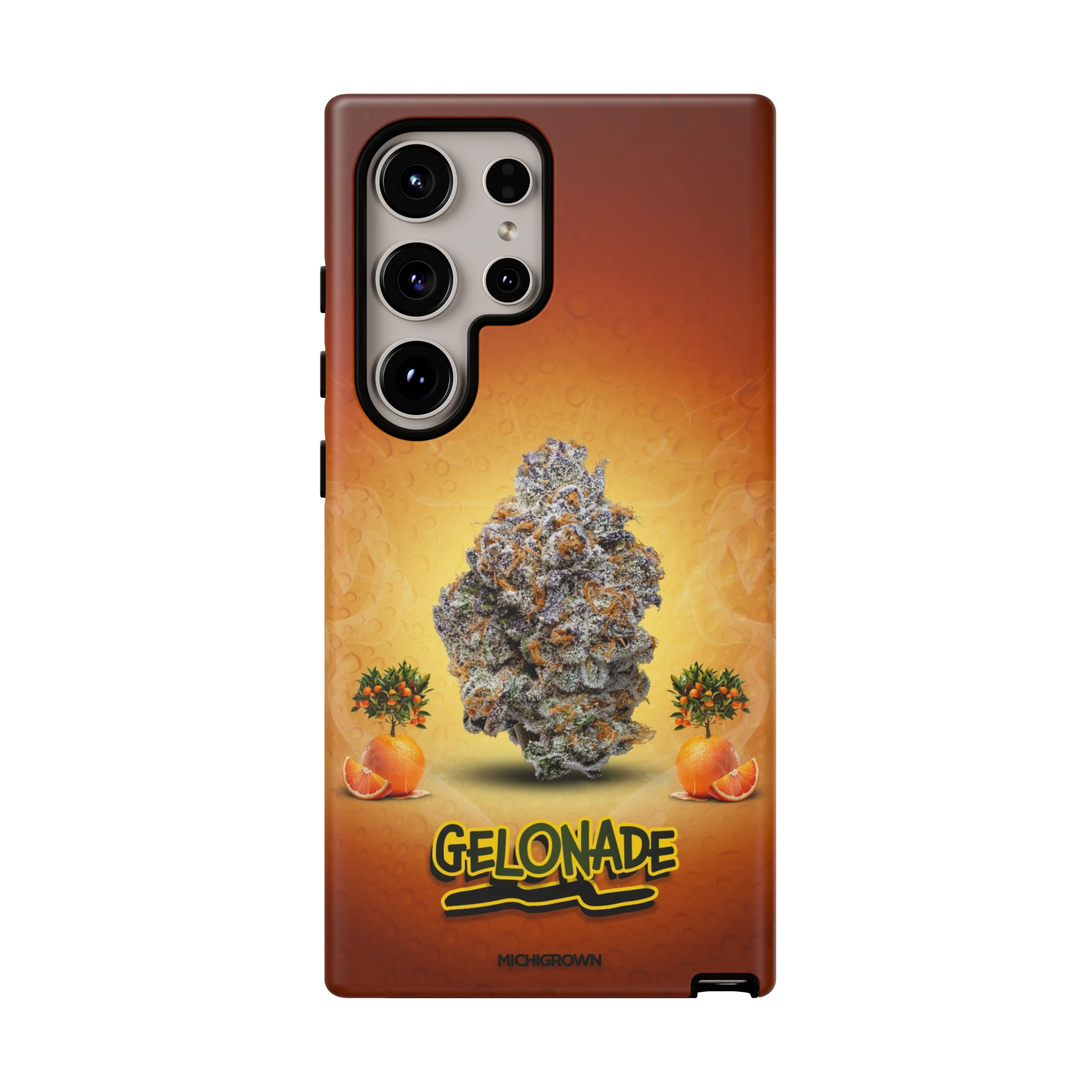 Phone case featuring cannabis buds and GELONADE logo for MICHIROWN.
