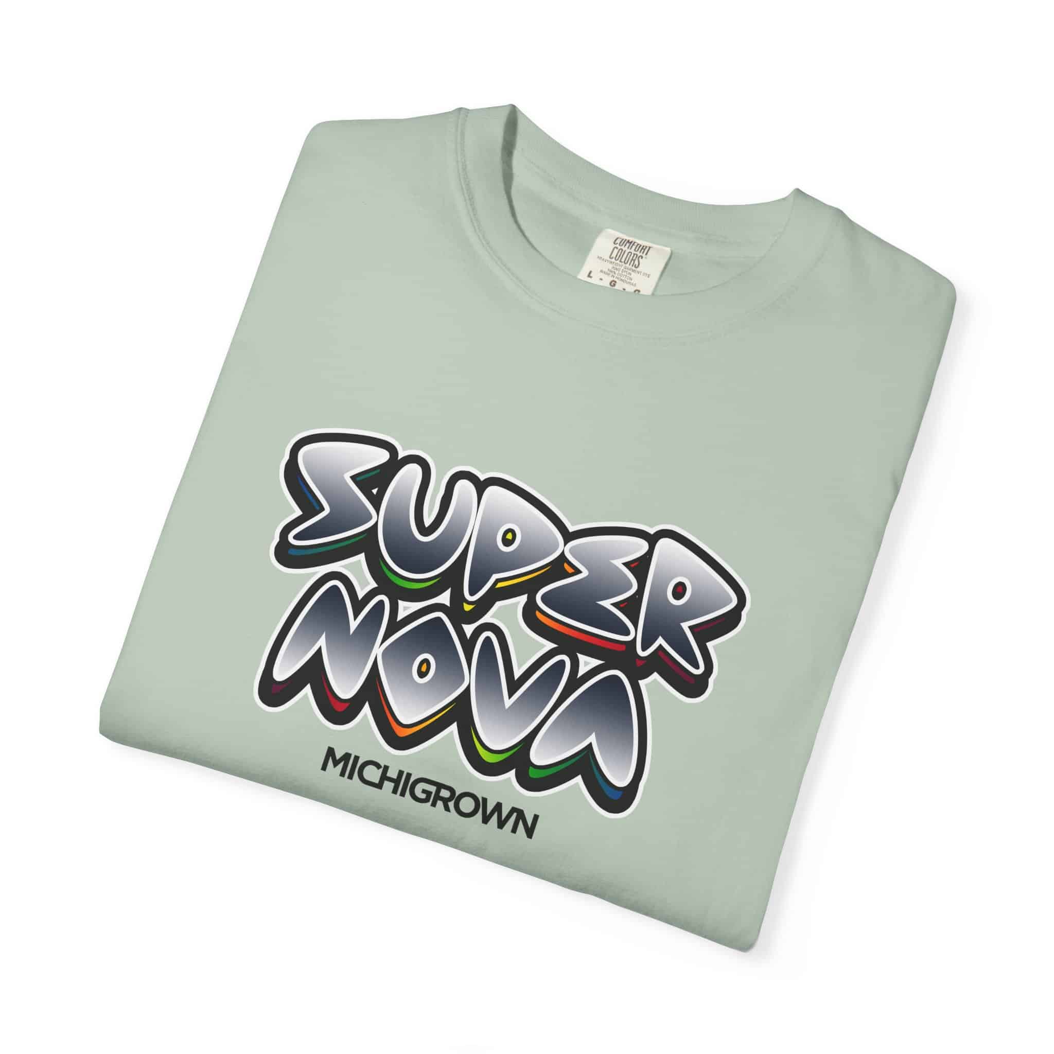 Light green T-shirt with Super Nova graphic and Michigrown logo.