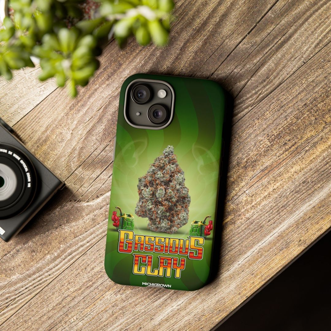 Gassious Clay themed phone case with cannabis leaf graphic and vibrant colors.