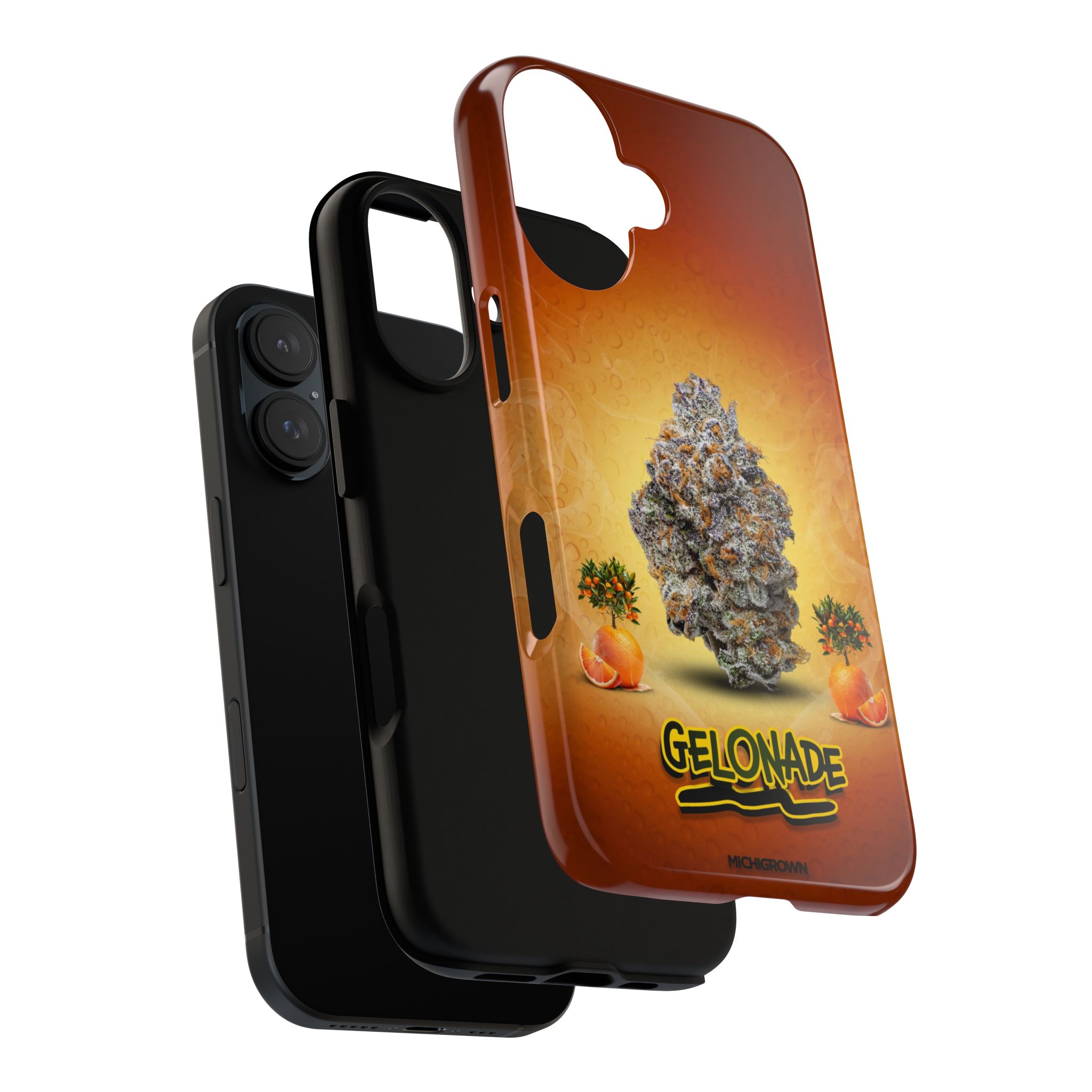 Phone case featuring cannabis bud and sunset background for GELONADE.