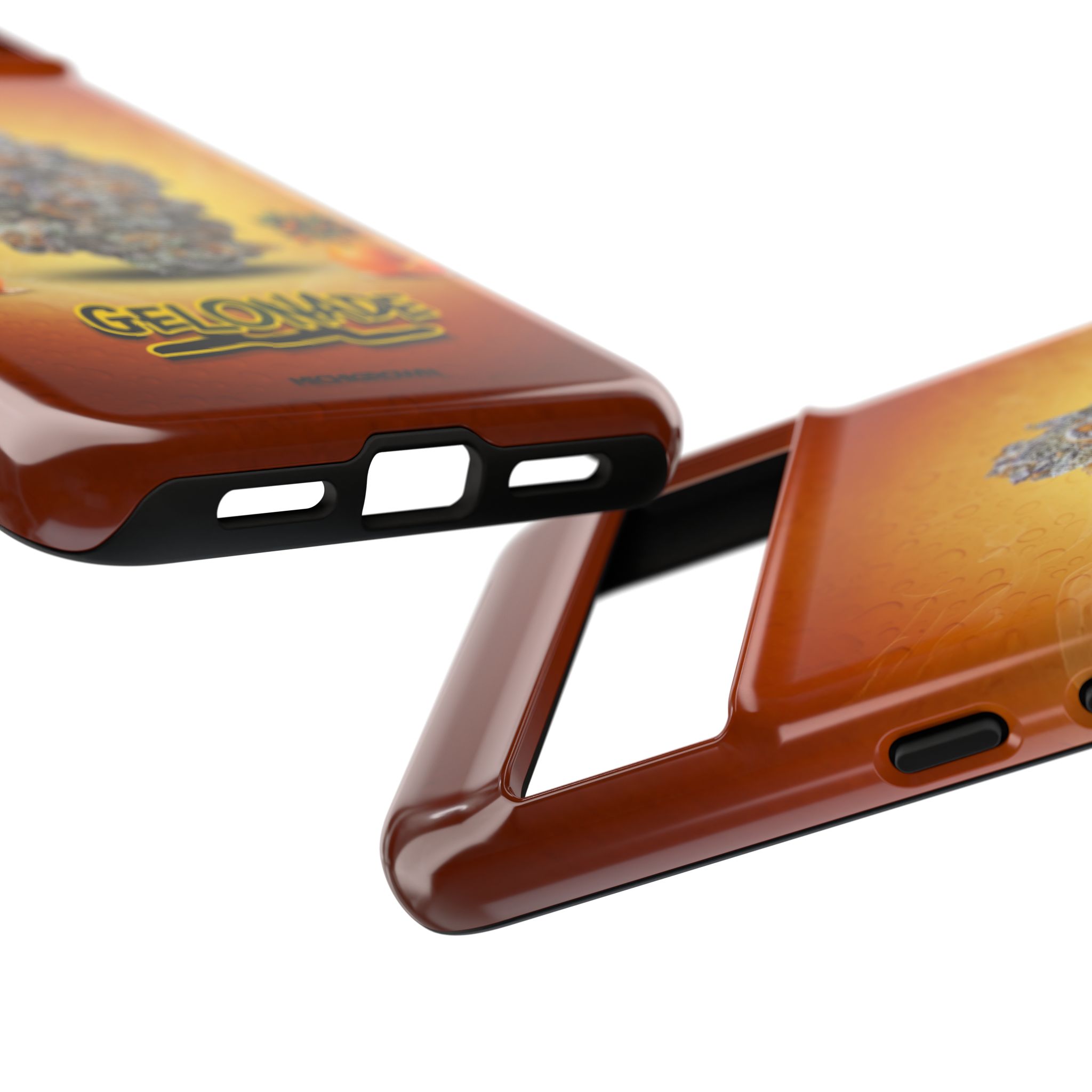 Close-up of GELONADE phone case with graphic design and cutouts.