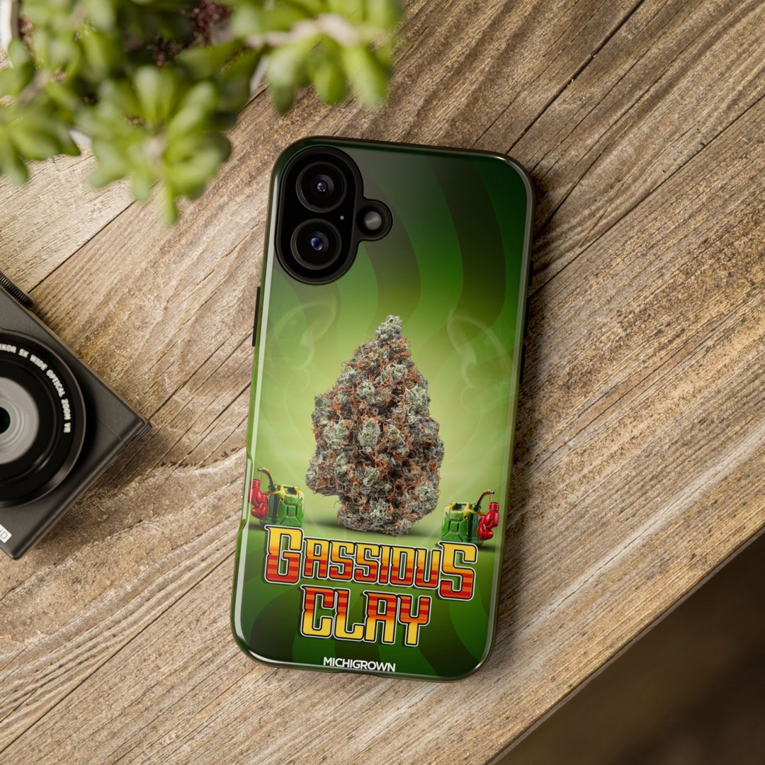 Phone case with Gassious Clay logo and cannabis leaf design.