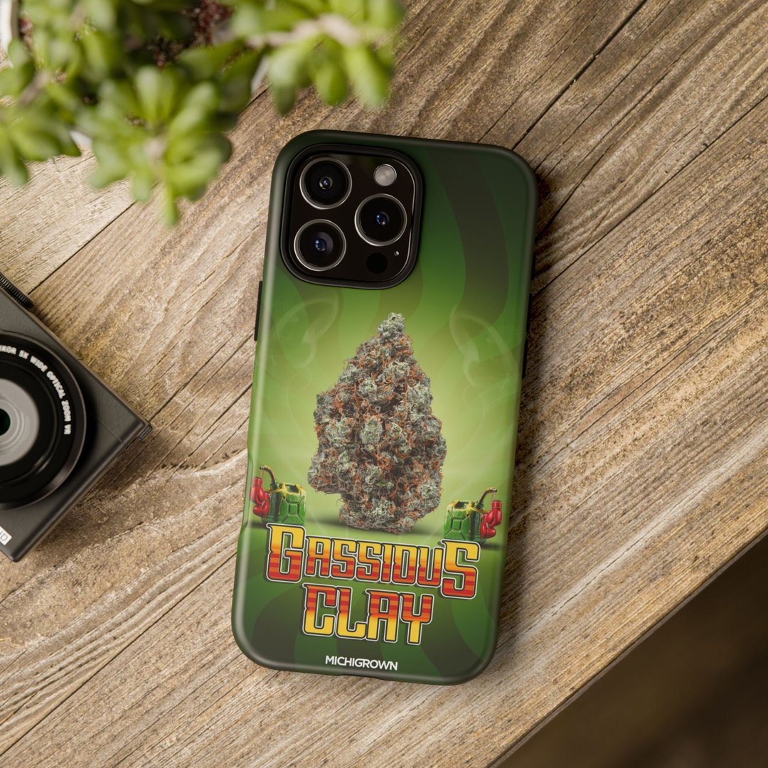 Phone case with Gassious Clay logo and cannabis leaf design.