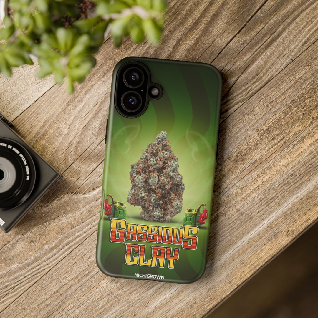 Green phone case with cannabis bud and Gassious Clay logo design.