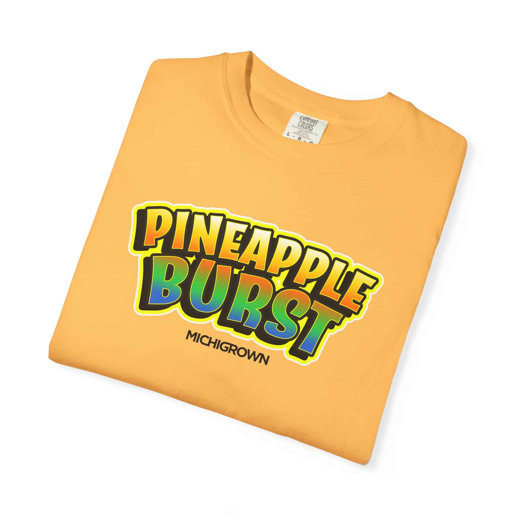 Yellow T-shirt with Pineapple Burst logo and Michigan branding.