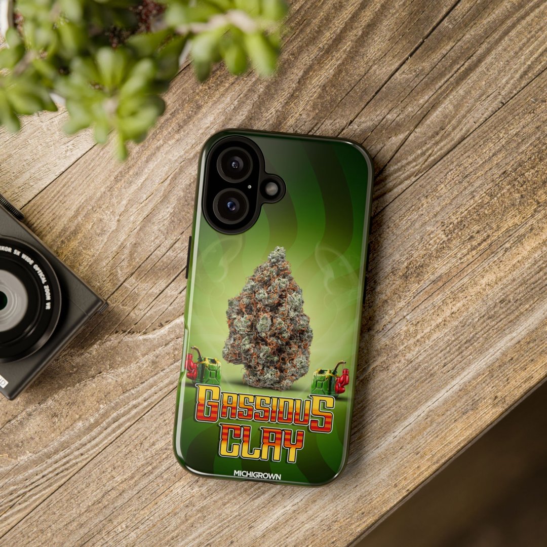 Phone case with Gassious Clay logo and cannabis leaf design.