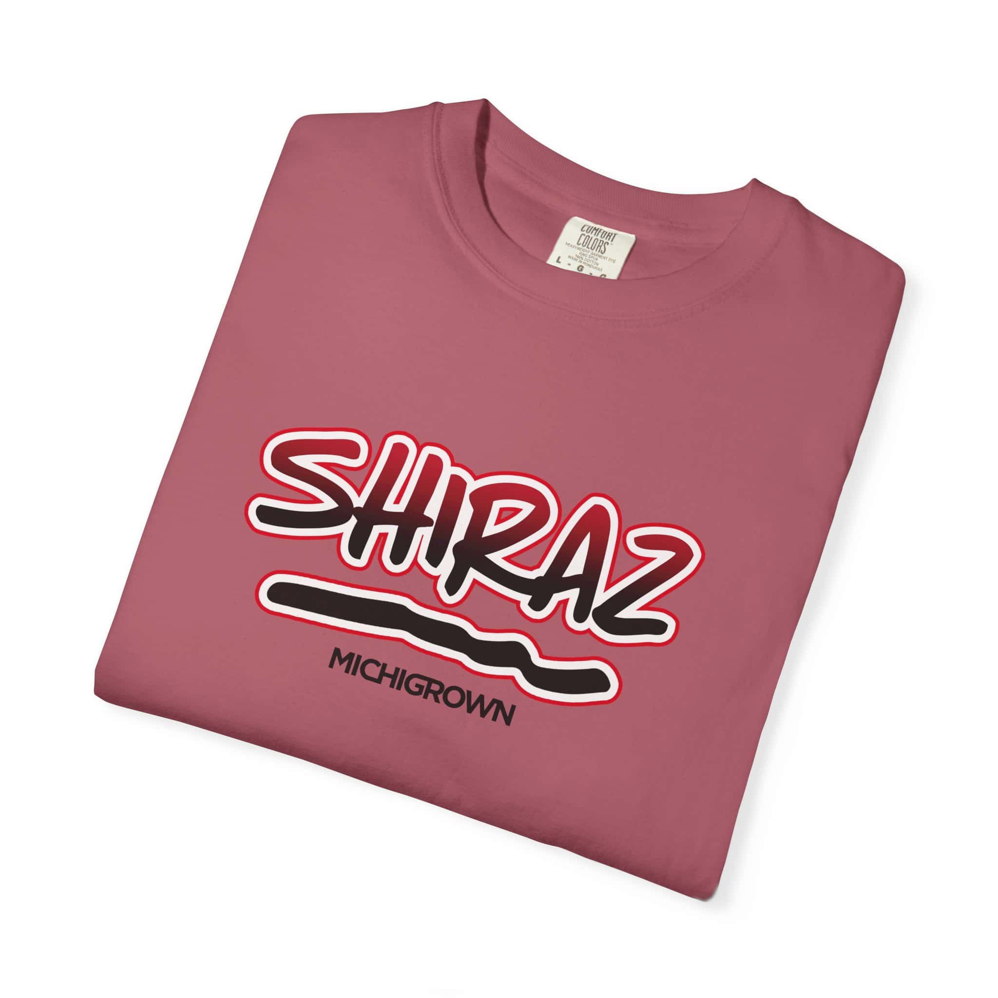 Pink Shiraz T-shirt featuring Michigrown logo and text design.