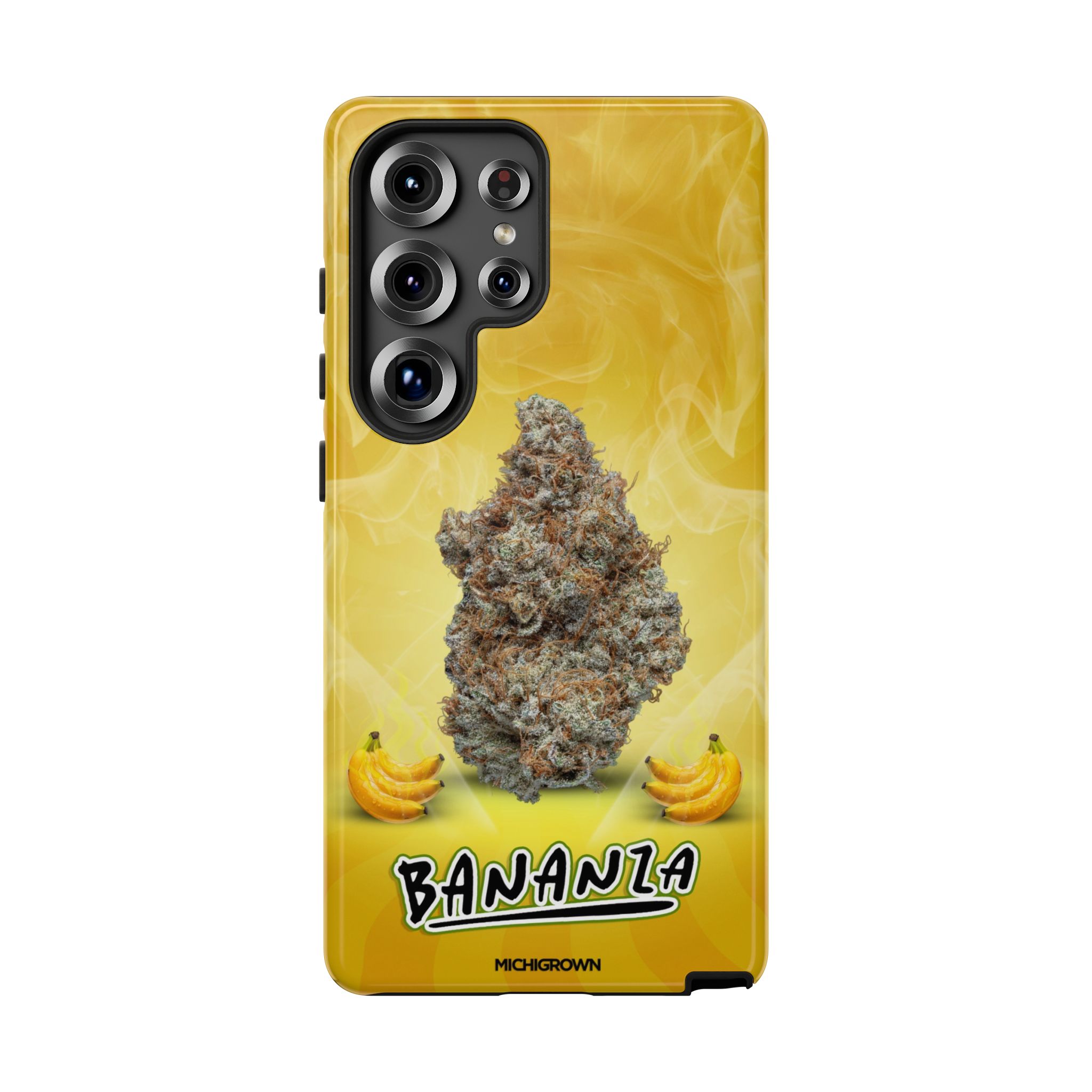 Yellow phone case with banana and cannabis leaf design for iPhone.