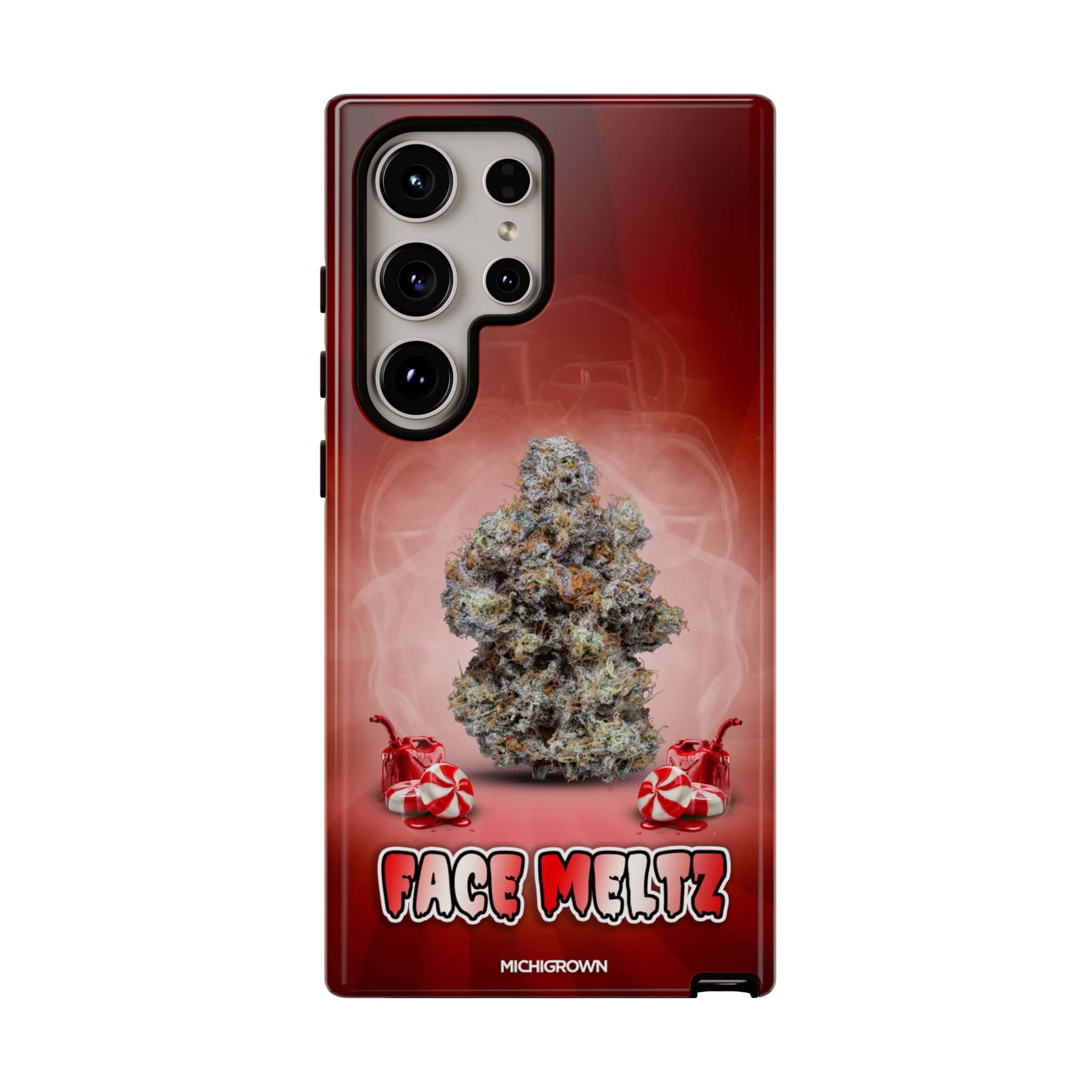 Red phone case with cannabis bud and face meltz logo for FACE MELTZ Tough Cases.