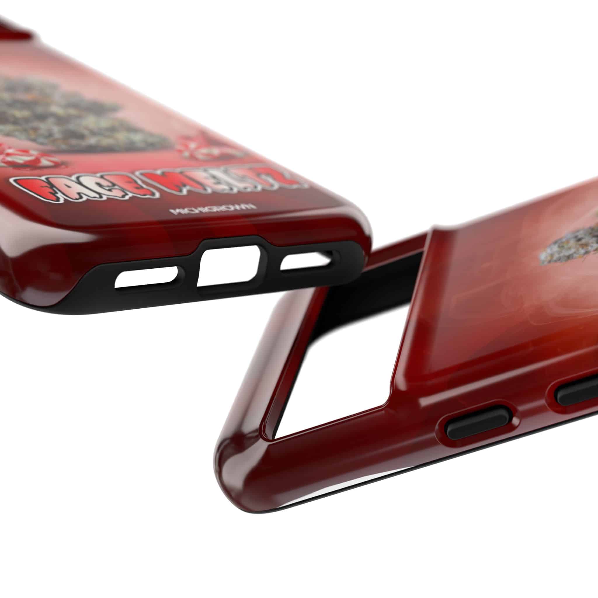 Red phone cases with Michigrown branding and rugged design.