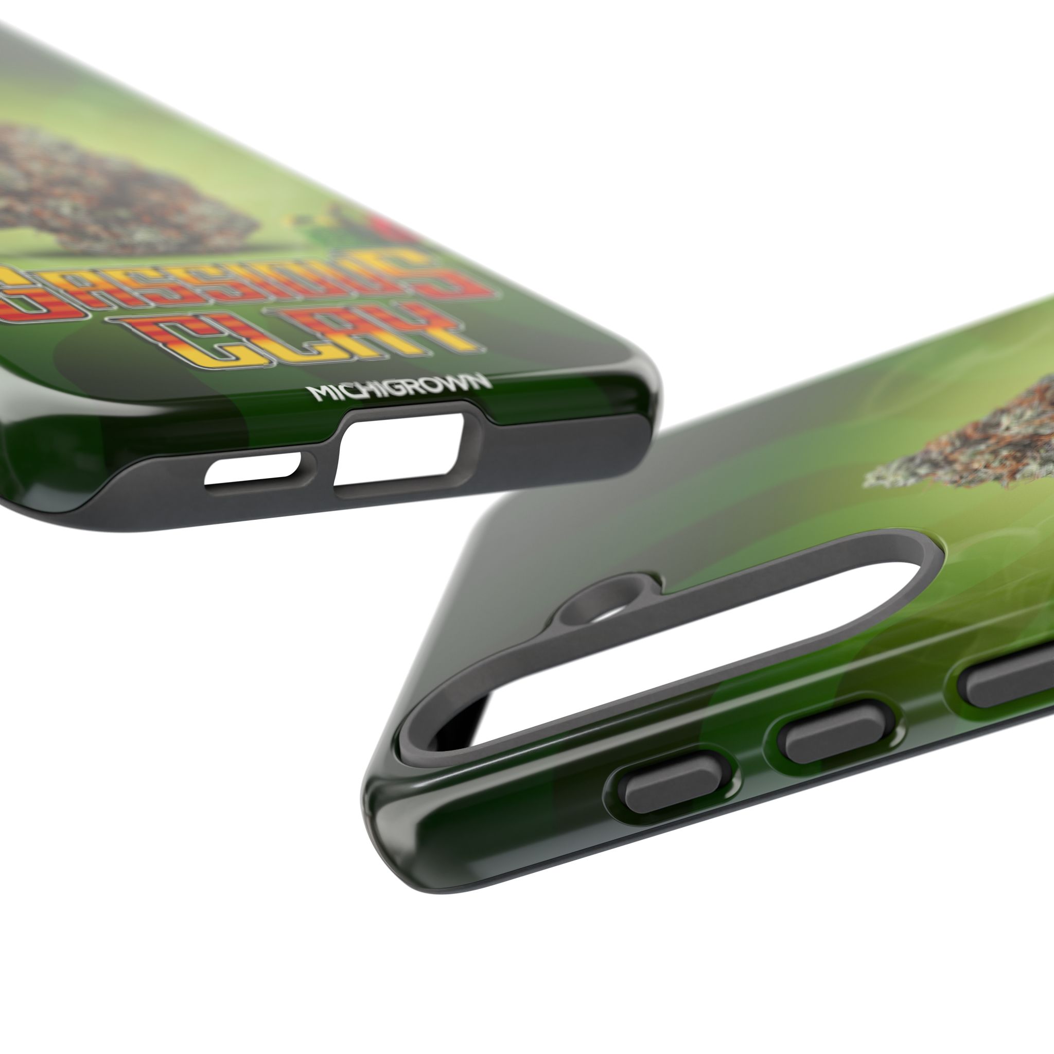 Close-up of green GASSIOUS CLAY phone case with colorful design details.