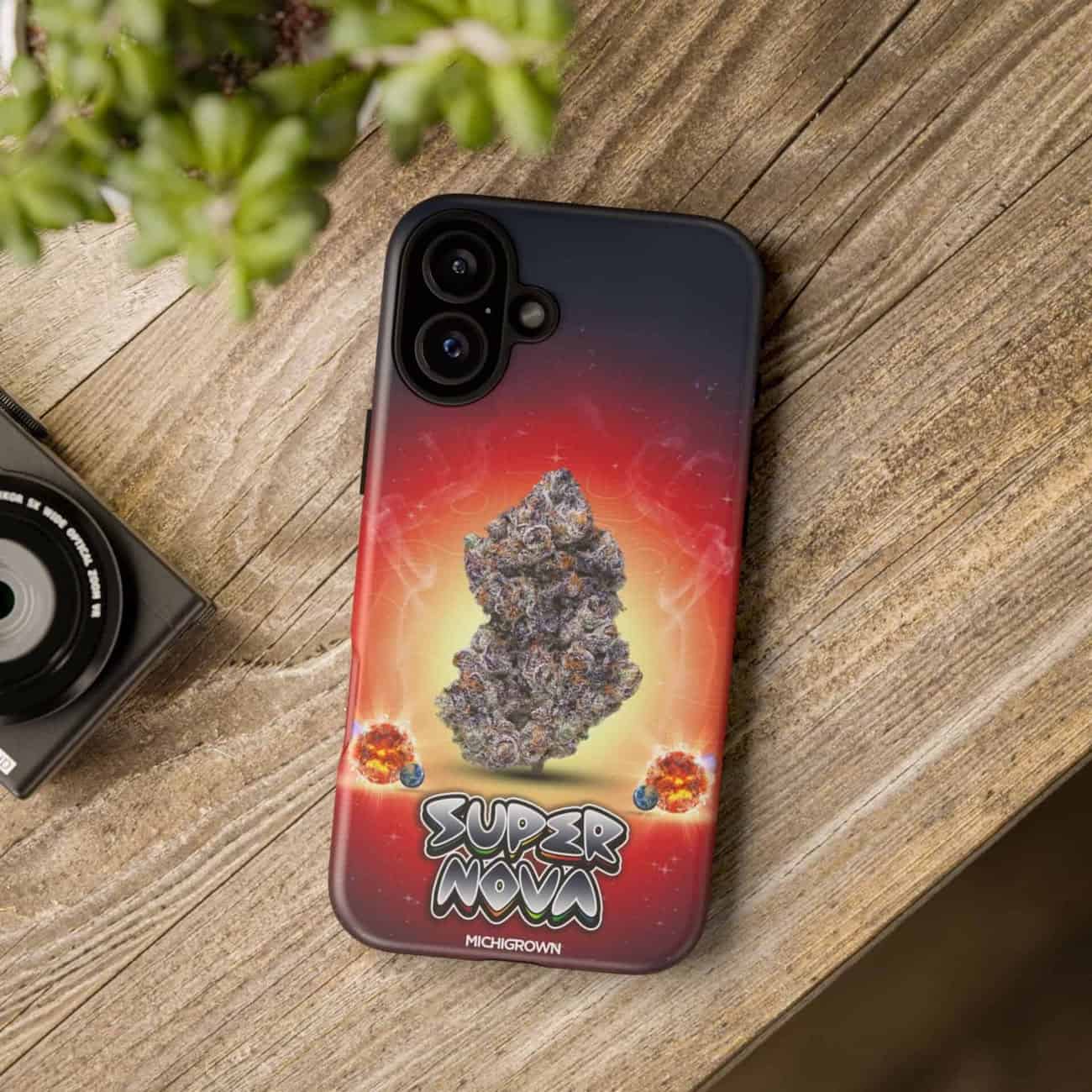 Phone case featuring a cannabis nugget with cosmic and fiery background.