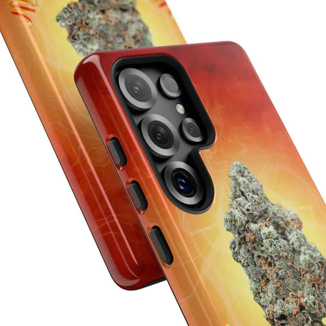 Red phone case with cannabis bud graphic for iPhone 13 Pro.