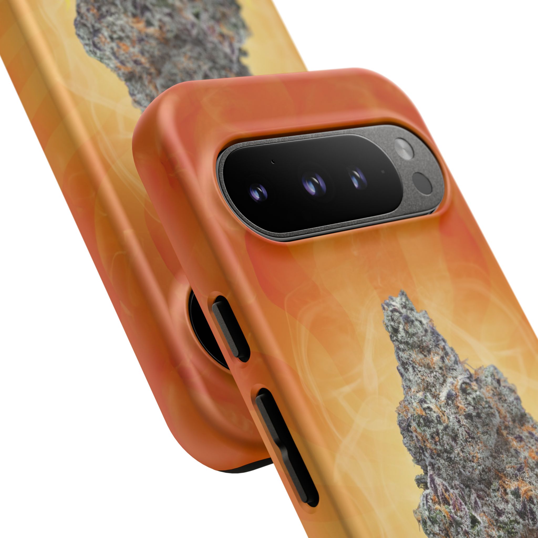 Orange phone case with apricot and cannabis leaf design for iPhone.
