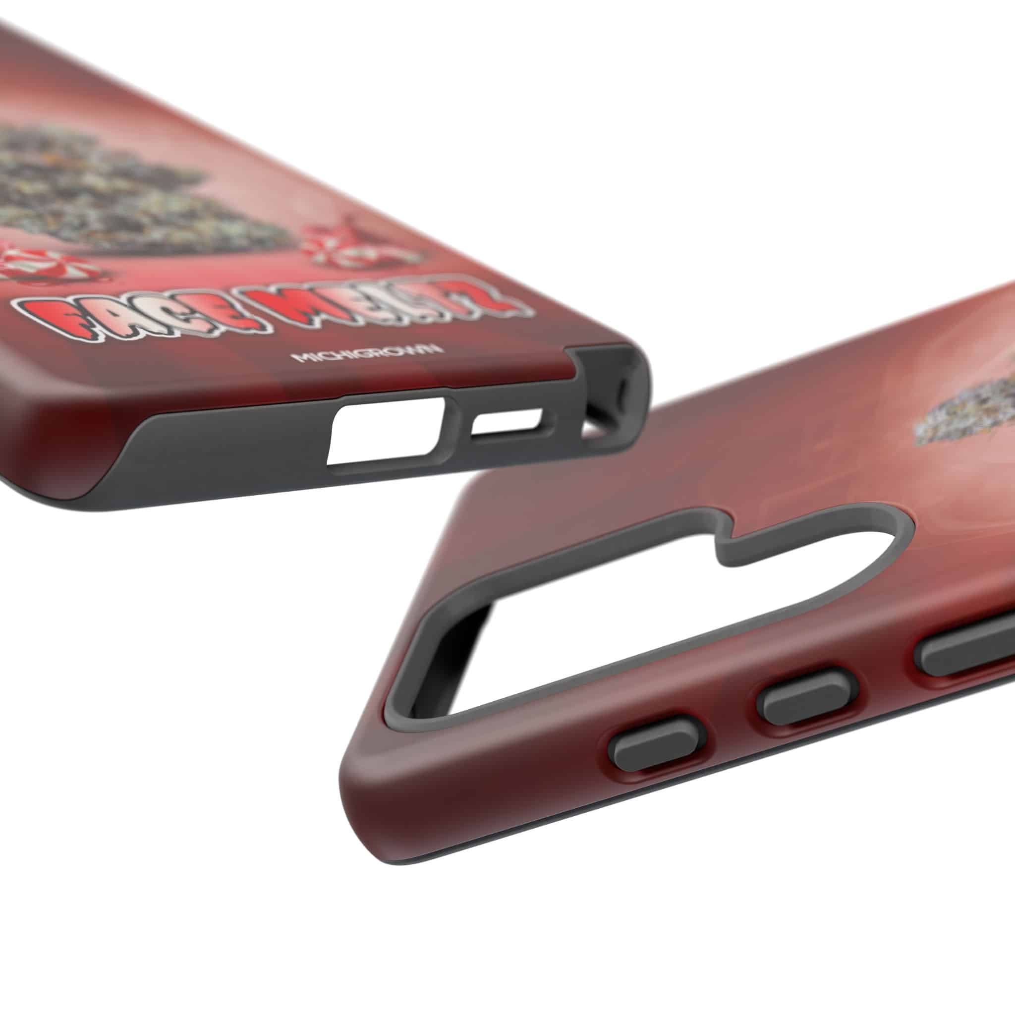 Red phone case with tough design and cutouts for buttons and camera.