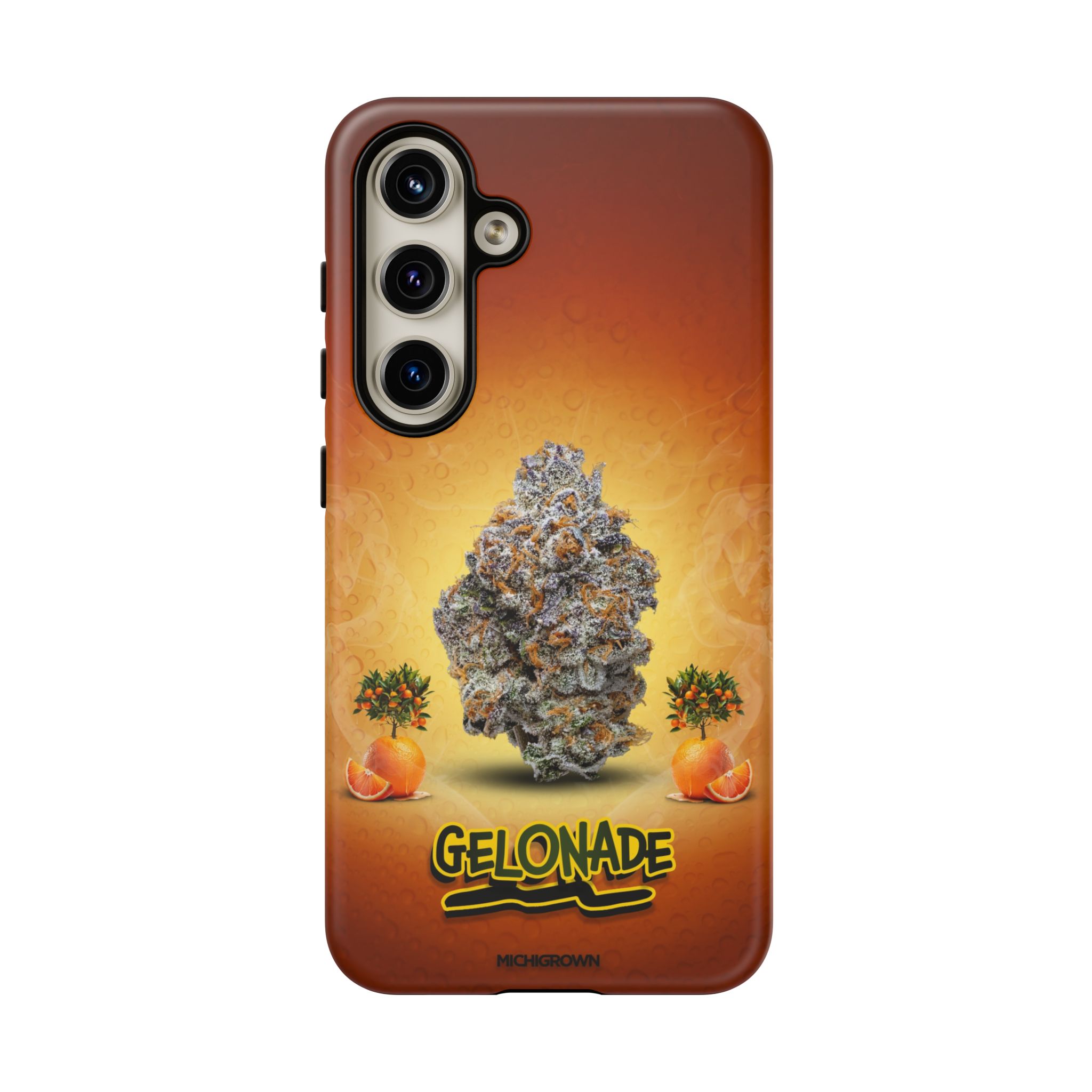 Phone case featuring cannabis buds and orange slices on a sunset background.