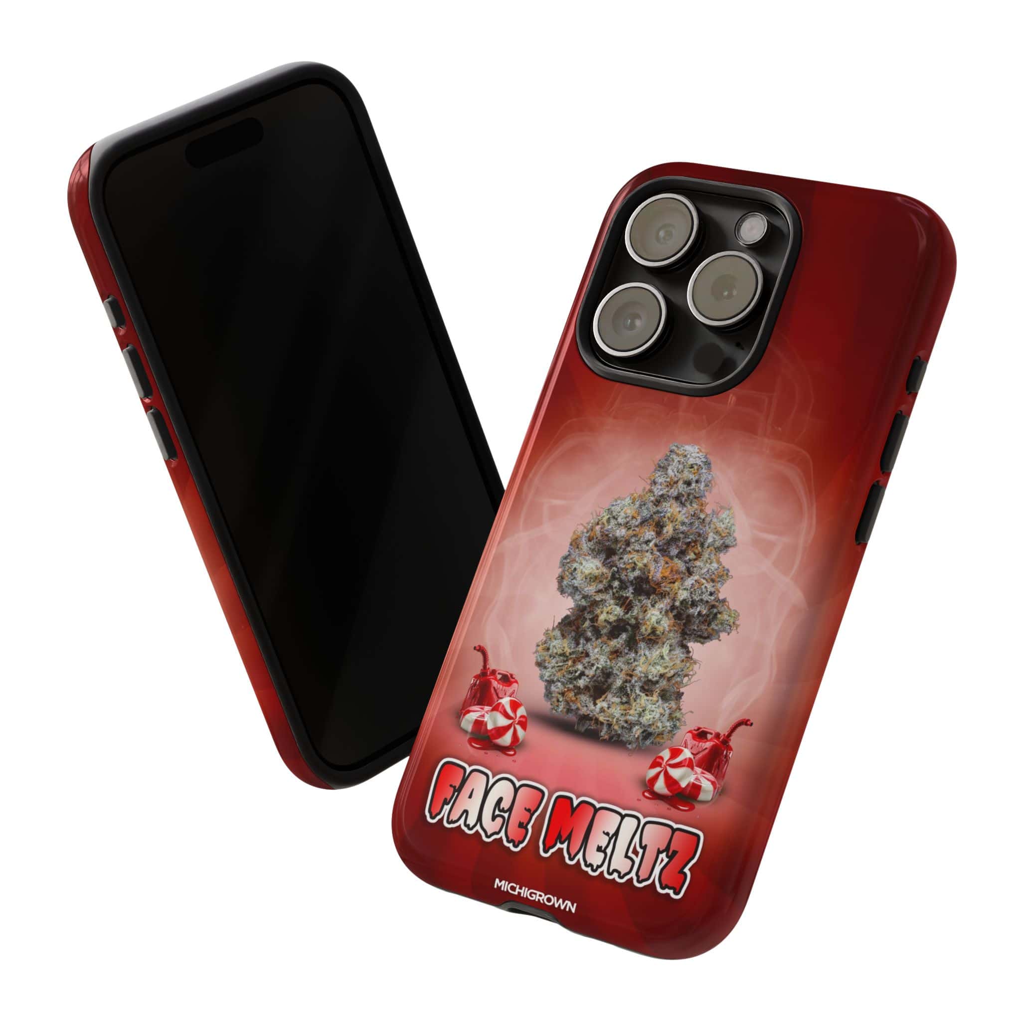 Red iPhone case with cannabis bud graphic and FACE MELTZ logo.