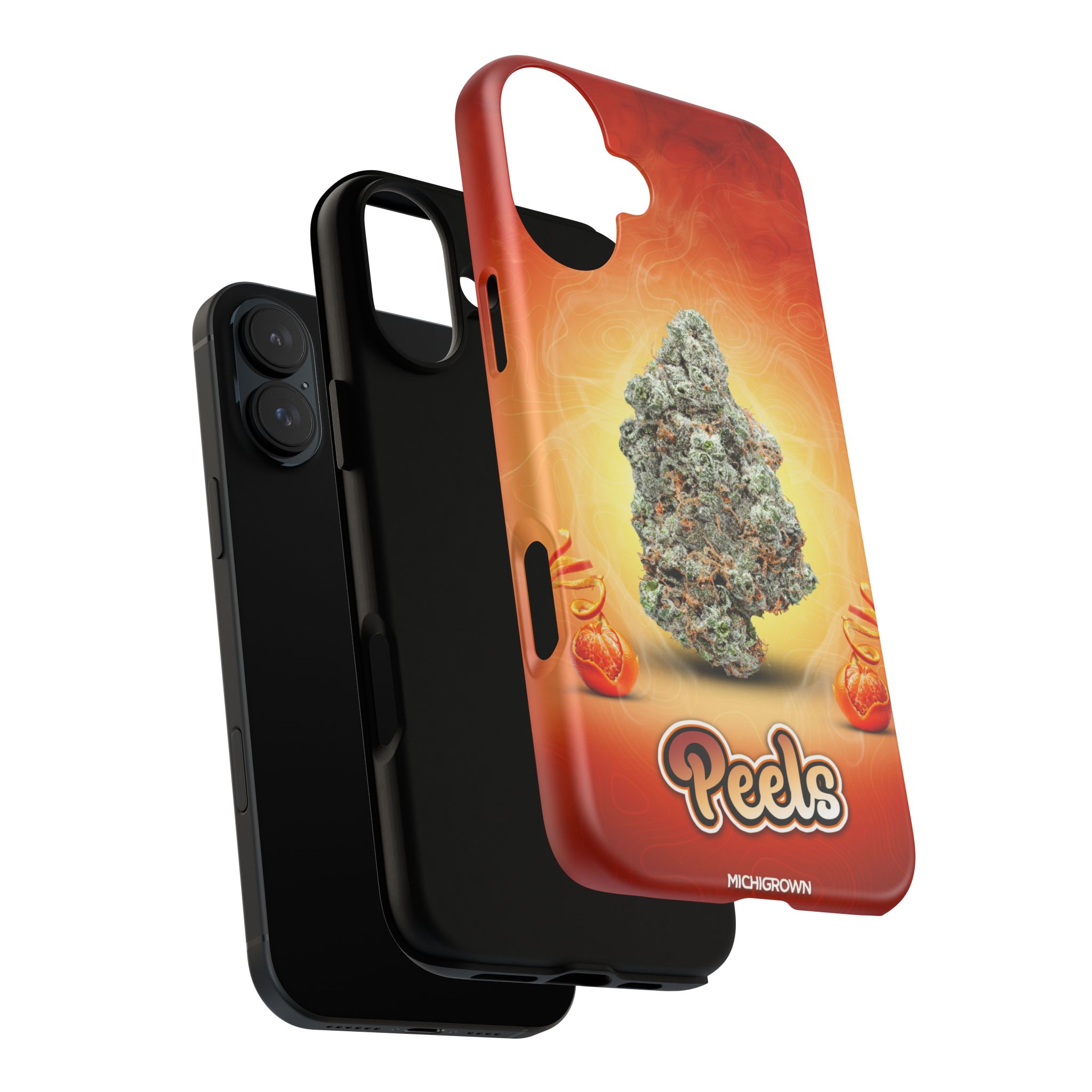 Phone case with PEELS logo and cannabis leaf design for iPhone.
