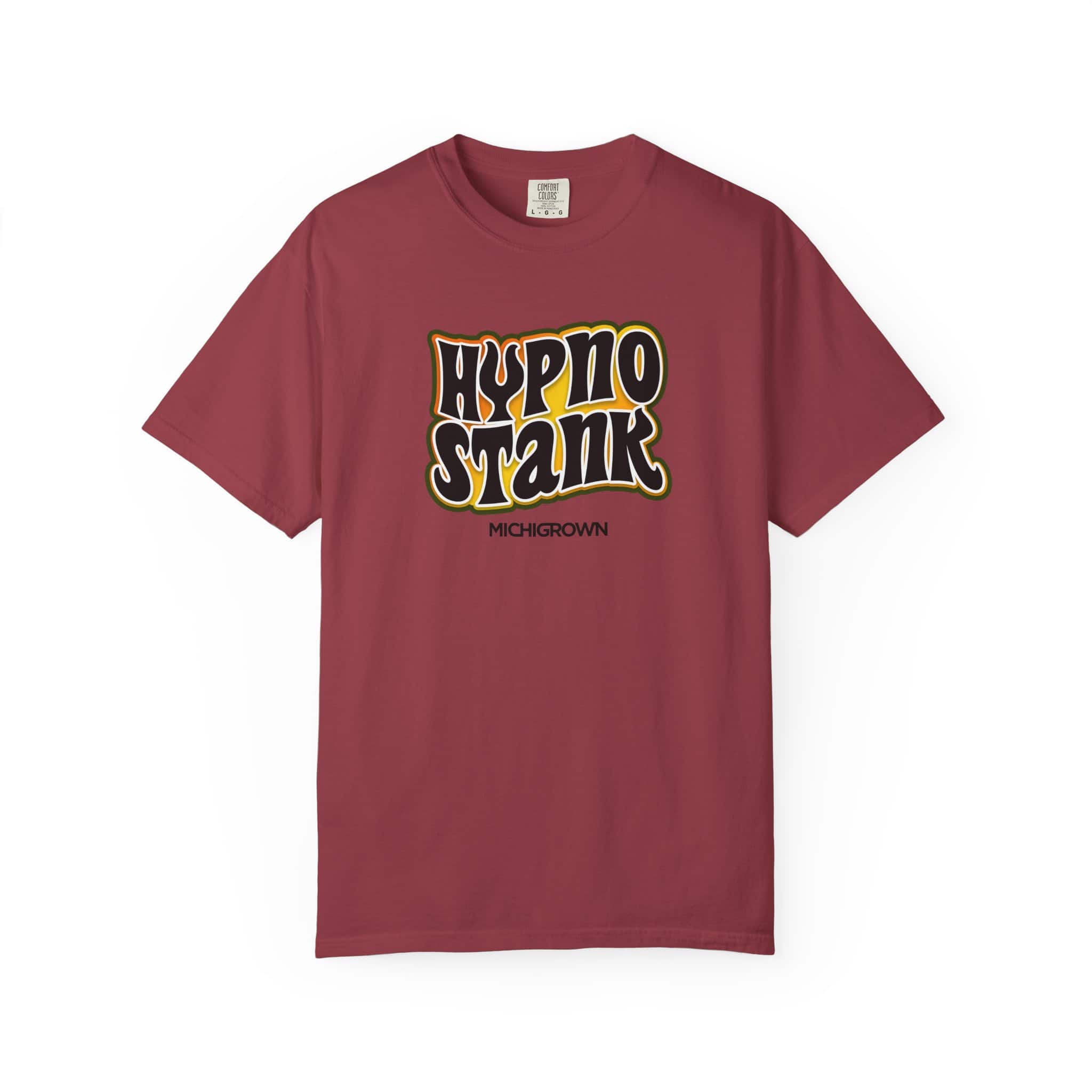 Red Hypno Stank T-shirt with bold logo design.