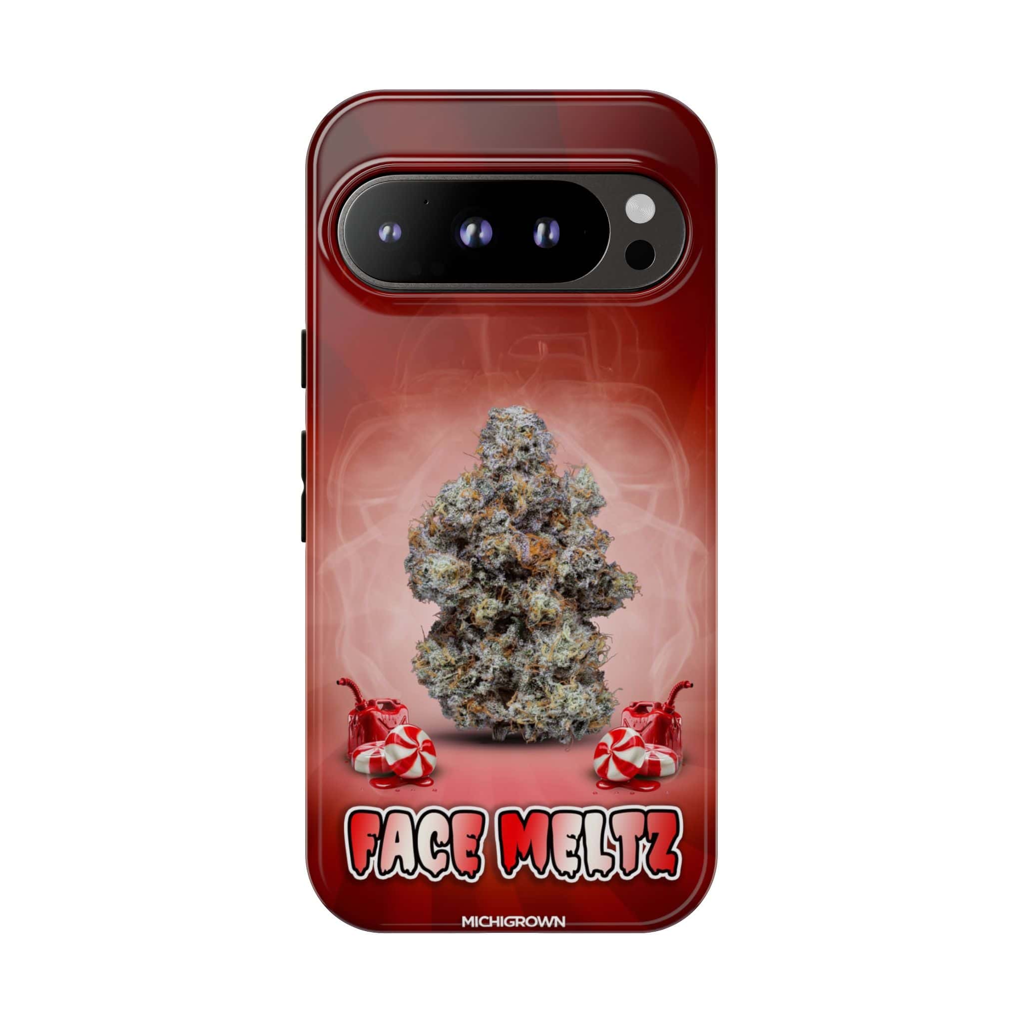 Red phone case featuring cannabis bud and Face Meltz logo for Michigan-grown products.