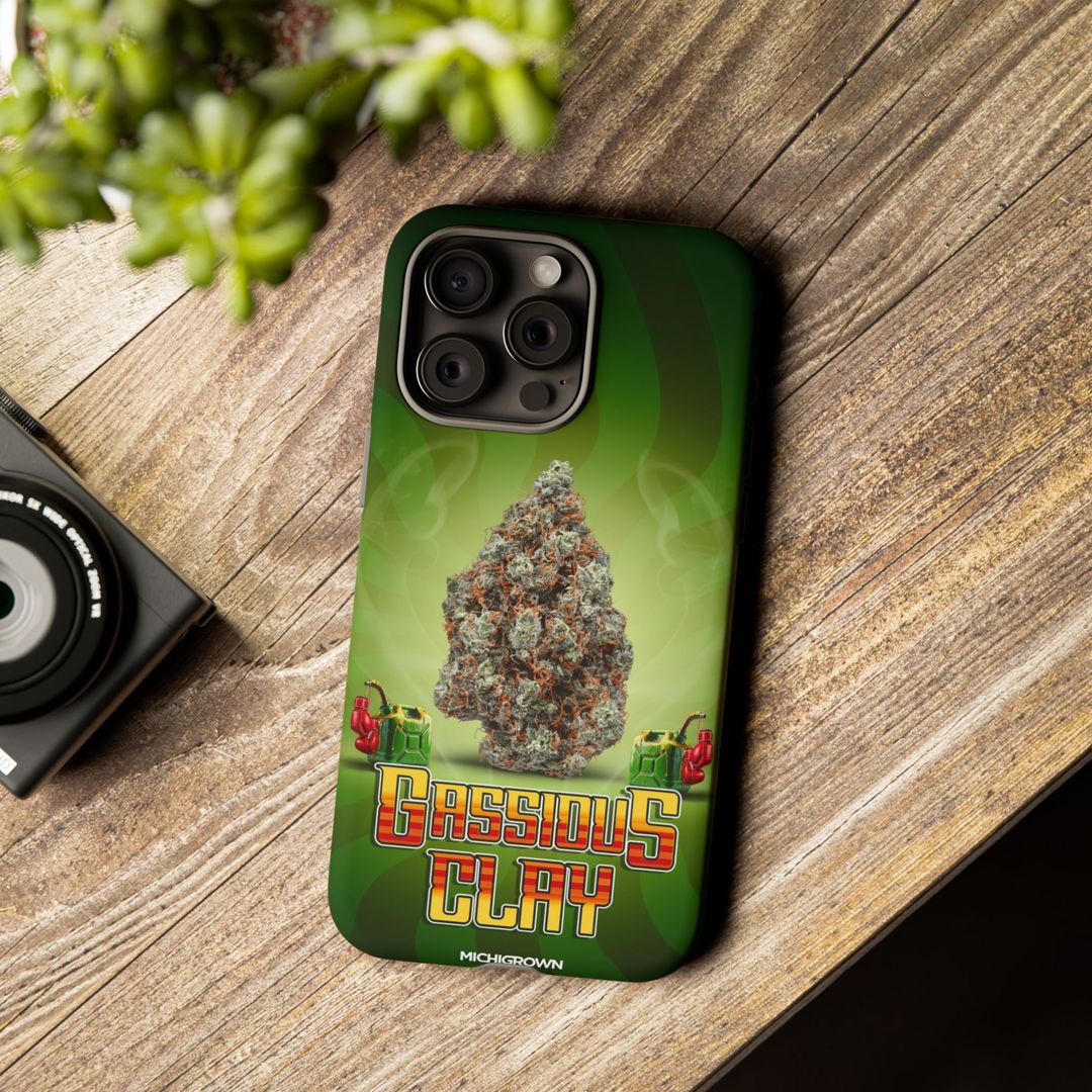 Green phone case with cannabis bud and Gassious Clay logo.